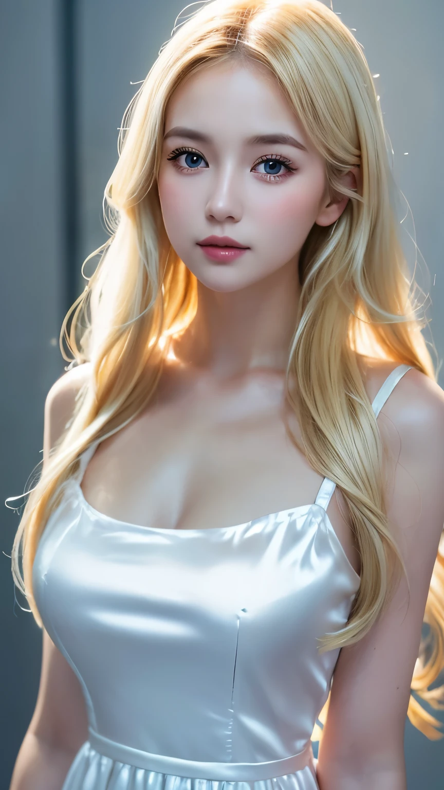 (((Blonde、forehead、long hair、White background、dress、Russia、Northern Europe、シンプルなWhite background、Light in face)))、masterpiece, Highest quality, 8k,, 20th Generation, (Large Breasts:1.2), Background is white, cute, alone, sad, close, cute, Girlish, Delicate girl, Pure beauty, RAW Photos, Professional photography, Portraiture, Soft Light, Professional Lighting, Upper Body, Sophisticated, Film Grain, (Eye and facial details:1.0) , Beautiful, flowing hair, Silk blouse,