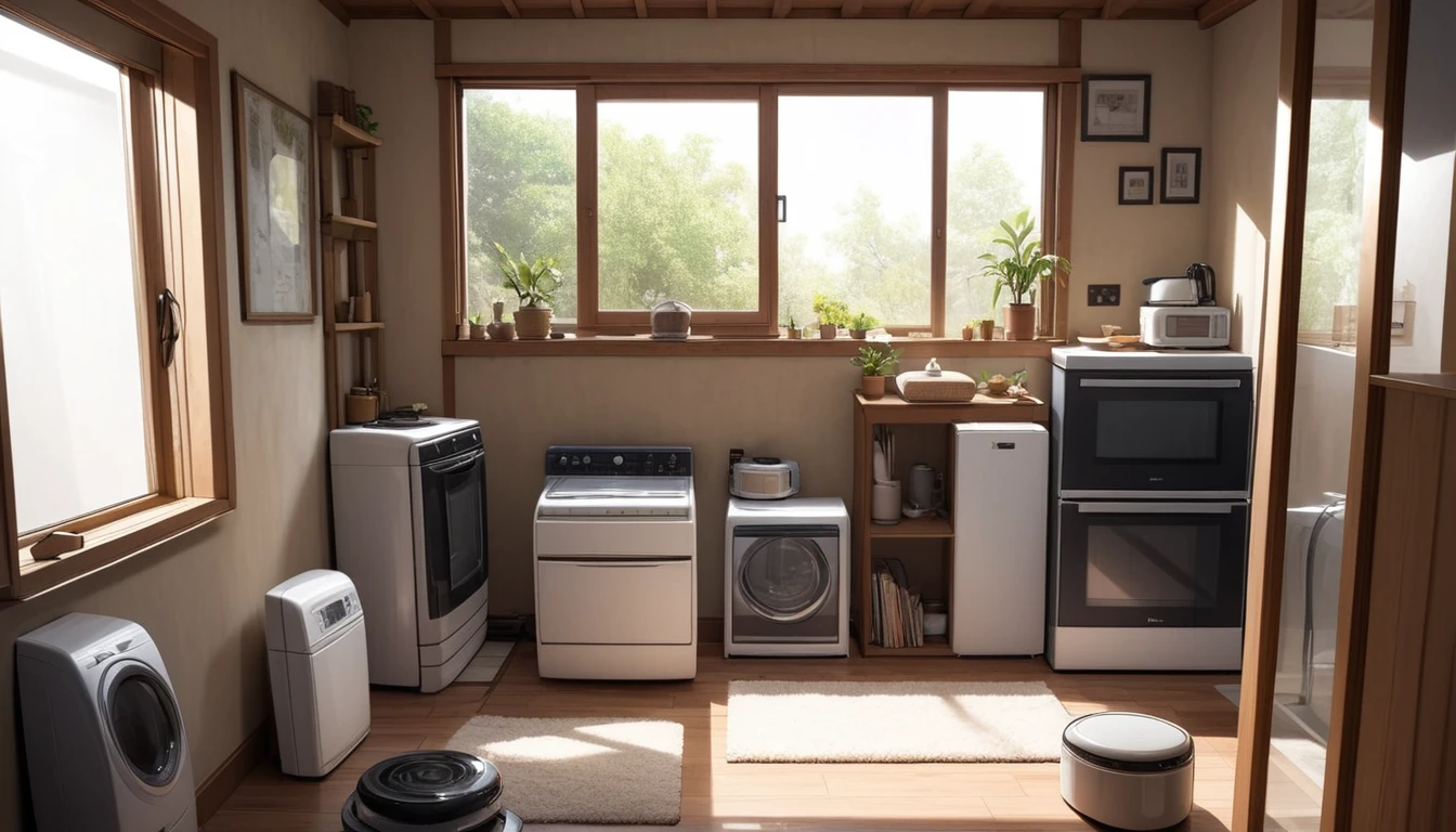 inside a warm and non-modern house, all the home appliances are old but clean, it's day time and a god ray is coming inside the house through window.