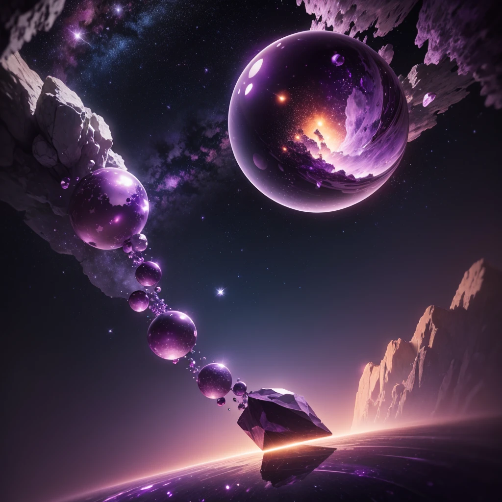 Create a mesmerizing animation where amethyst spheres dance gracefully through a celestial backdrop, their colors reflecting the hues of distant stars.