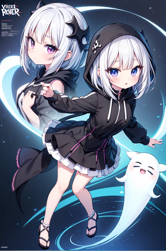 Anime-style image of a woman with white hair and black clothing, Cute 3D anime girl render, Cute anime waifu in a nice dress, Anime VTuber Full Body Model, Anime girl in a hoodie, Highly detailed characters, Official character art,exorcist,ghost,Bobcut,sweets