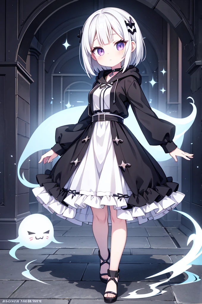 Anime-style image of a woman with white hair and black clothing, Cute 3D anime girl render, Cute anime waifu in a nice dress, Anime VTuber Full Body Model, Anime girl in a hoodie, Highly detailed characters, Official character art,exorcist,ghost,Bobcut,sweets