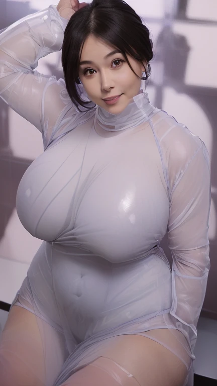 (Highest quality:1.2),(Perfect beautiful face:1.2),(Perfect and beautiful posture:1.2), (30-year-old woman:1.2),(Big Ass:1.3),Japanese:1.2, ((Chubby:0.7), (Super huge boobs:1.5)),Grin,(Long sleeves Round neck ,T-shirt maxi (((tight))) A slightly transparent dress:1.5, Black underwear:1.6),