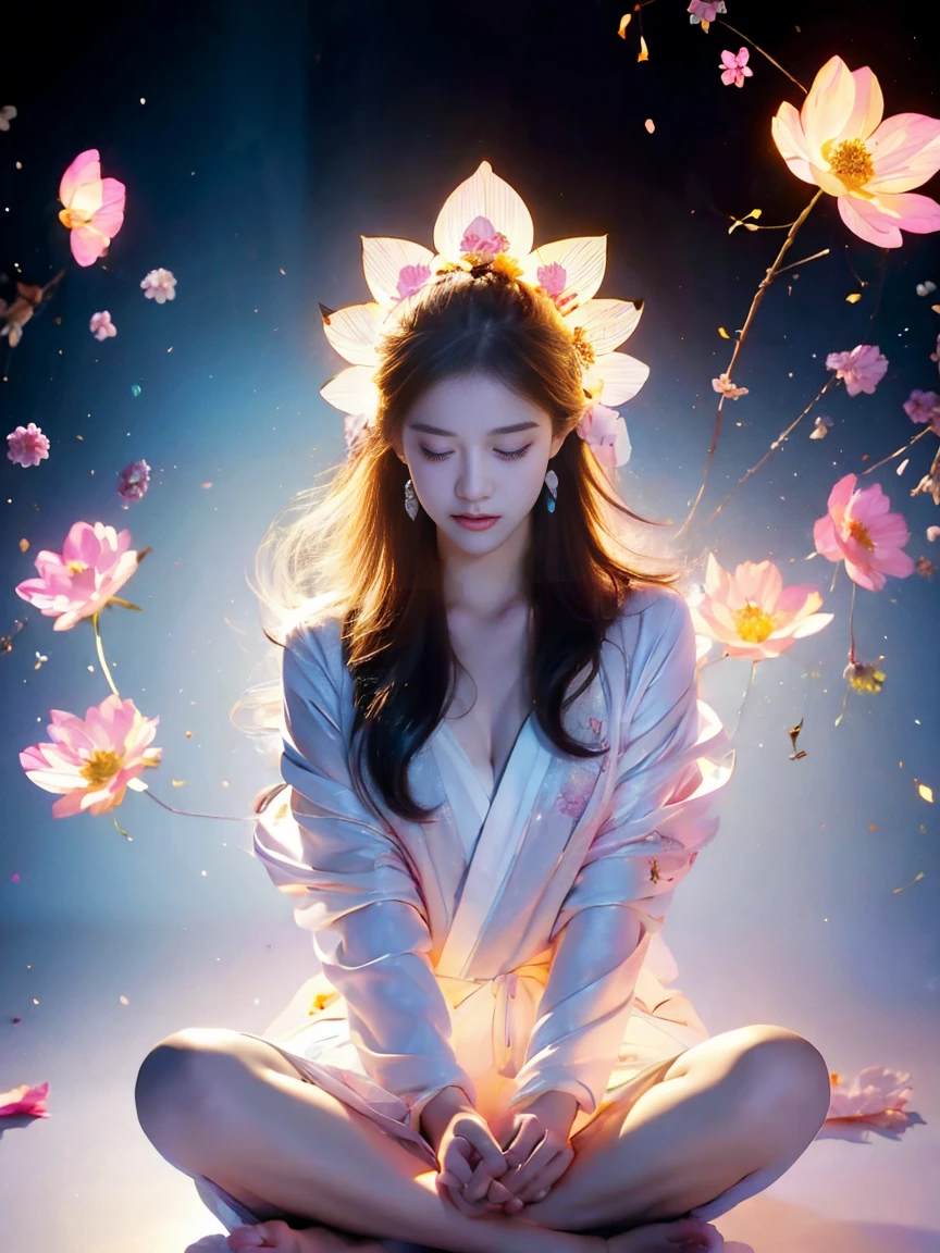 Full body photograph of a girl in lotus position，raw, Shooting, (Be concentrated:1.5), (reality:1.4), dusk lighting, volumetric lighting, ultra high resolution,dramatic lighting, White background,（zentangle，mandala，dispute，Plot), fox demon，Fox mask，bomber jacket, Foxfire Curse, fox family, transformation, depth of field, dream atmosphere, The most beautiful chaos, funny, Dark Brutalist Design Theme., flower of death, Flowers of ecstasy，bright line,Example of glow，Tracking example，flash， Backlight，translucent，light particles, petal girl