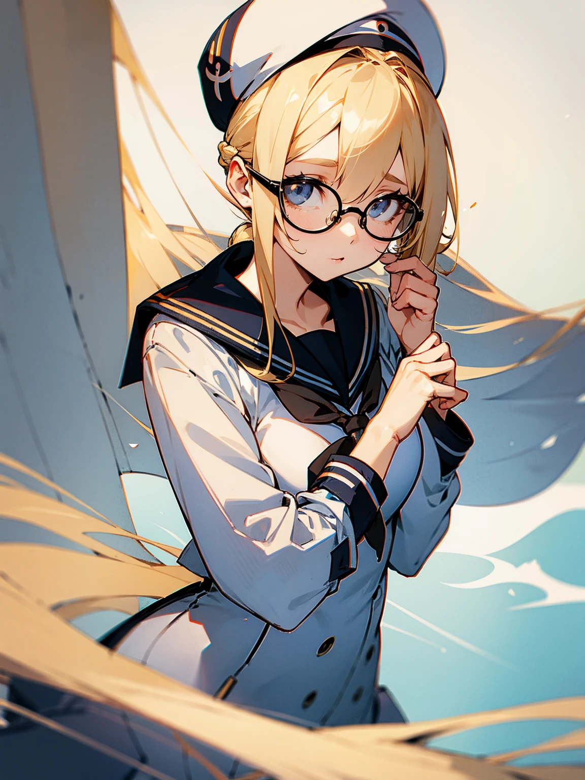 1female, blonde hair, glasses, grey eys, sailor outfit