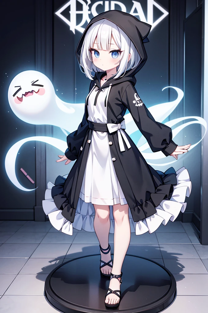 Anime-style image of a woman with white hair and black clothing, Cute 3D anime girl render, Cute anime waifu in a nice dress, Anime VTuber Full Body Model, Anime girl in a hoodie, Highly detailed characters, Official character art,exorcist,ghost,Bobcut