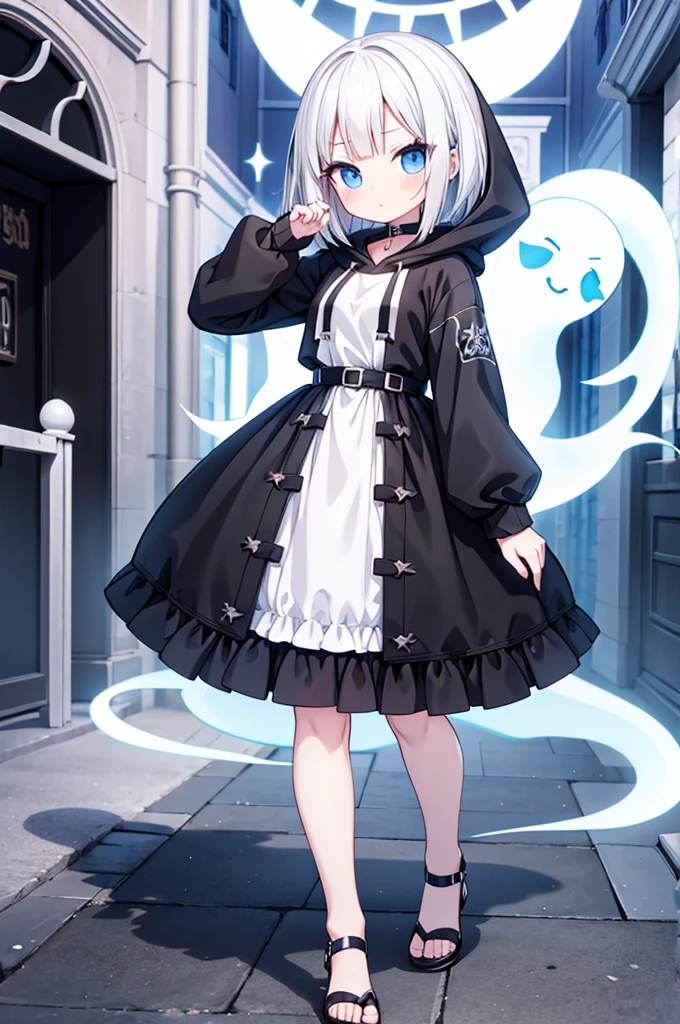 Anime-style image of a woman with white hair and black clothing, Cute 3D anime girl render, Cute anime waifu in a nice dress, Anime VTuber Full Body Model, Anime girl in a hoodie, Highly detailed characters, Official character art,exorcist,ghost,Bobcut