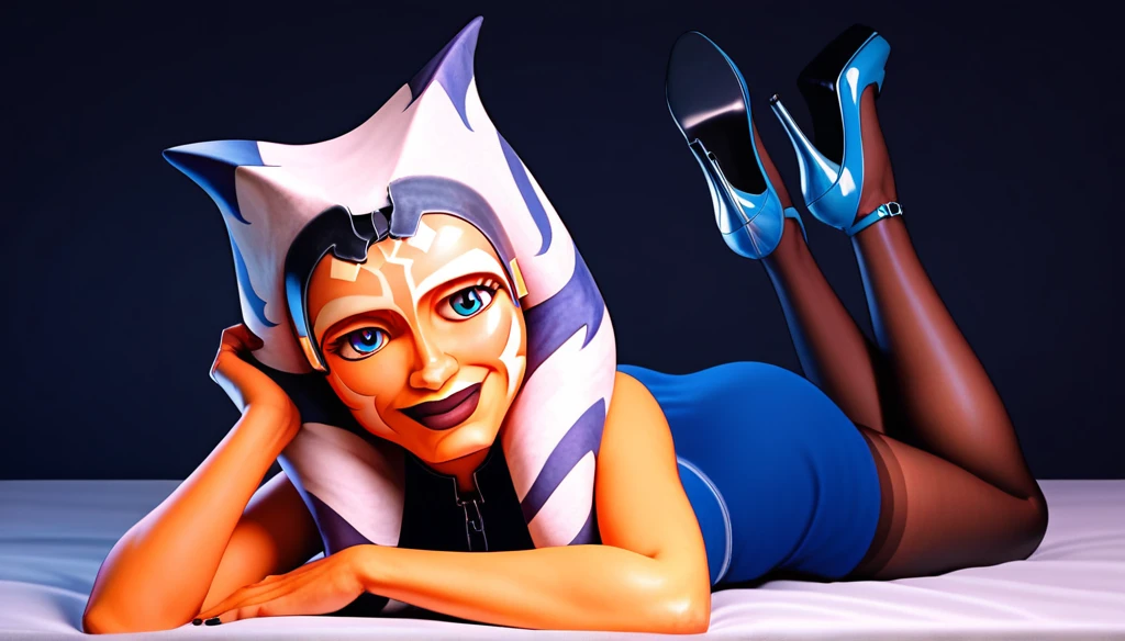 Ahsoka con black pantyhose, from ahead, with thin and not high blue heels, taparrabos estrecho y largo and blue top, black pantyhose, looking smiling at the viewer, lying down, sexy model body