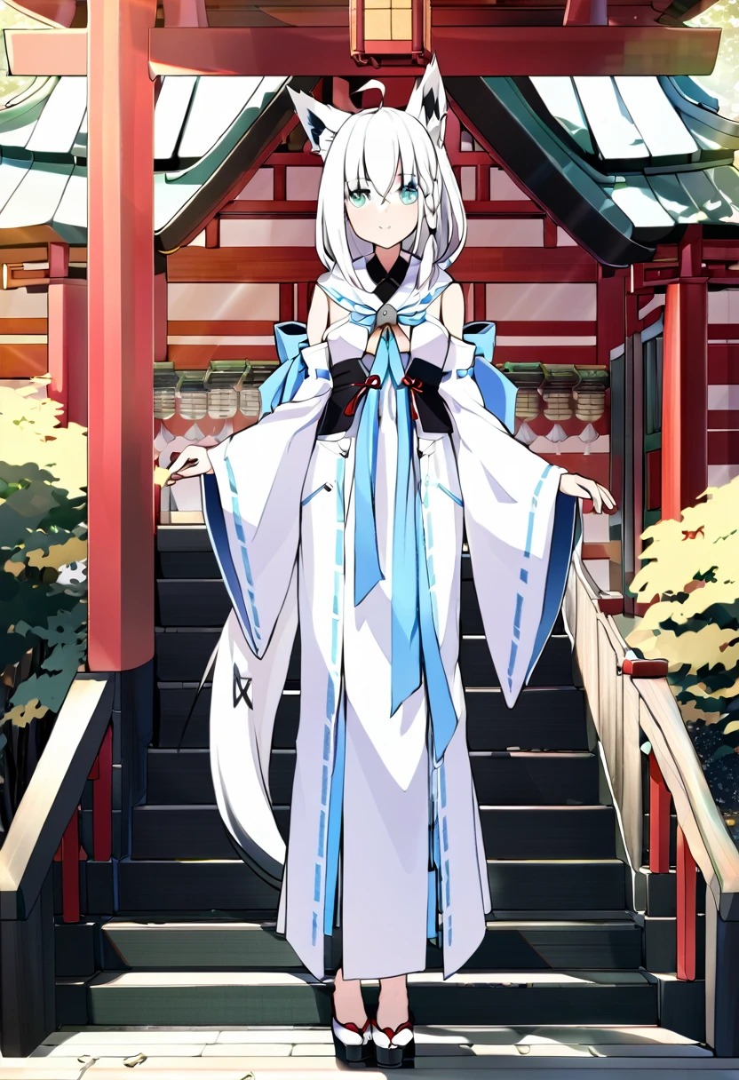 one girl, Shirakami Fubuki, fox ears, white hair, shrine maiden, legs, standing, cowboy shot