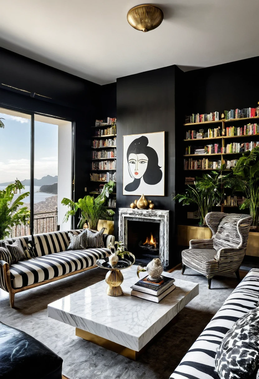 RAW photograph, Ultra Wide Angle, 16mm lens, whole room, contemporary living room with black walls, como Kelly Wearstler, very light wooden floor, large contemporary white linen armchair, huge black and white striped curved sofa, fireplace, large brutalist style console with minimalist vase with huge plant, pile of books, cubist sculptures in white marble, large windows , view of the city of Rio de Janeiro, Picasso paintings, Golden candlesticks, clear glass coffee table, ultra high nothing.photorrealistic::1.5, HDR, Ultra Realist, real photografic
