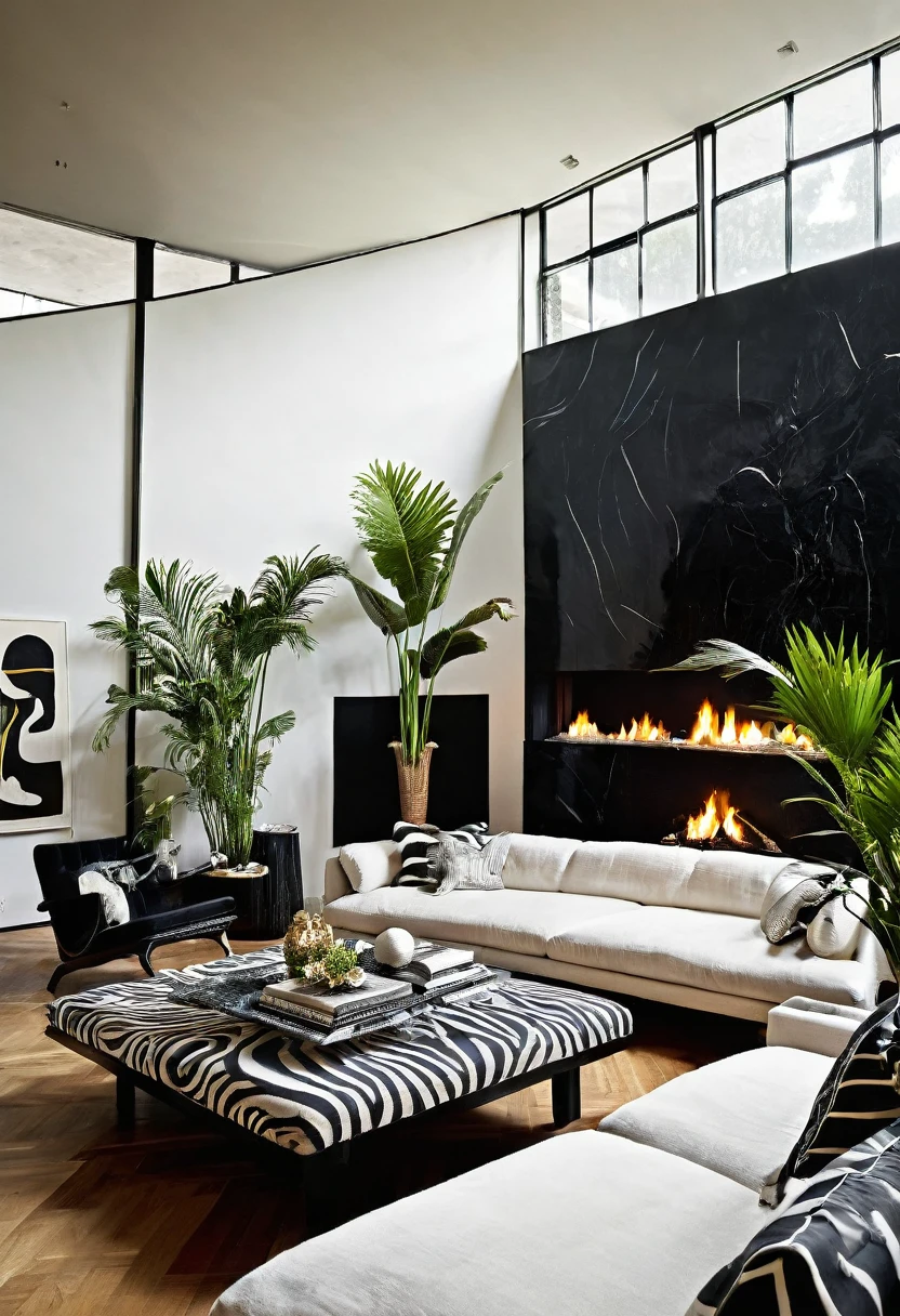 RAW photograph, Ultra Wide Angle, 16mm lens, whole room, contemporary living room with black walls, como Kelly Wearstler, very light wooden floor, large contemporary white linen armchair, huge black and white striped curved sofa, fireplace, large brutalist style console with minimalist vase with huge plant, pile of books, cubist sculptures in white marble, large windows , view of the city of Rio de Janeiro, Picasso paintings, Golden candlesticks, clear glass coffee table, ultra high nothing.photorrealistic::1.5, HDR, Ultra Realist, real photografic
