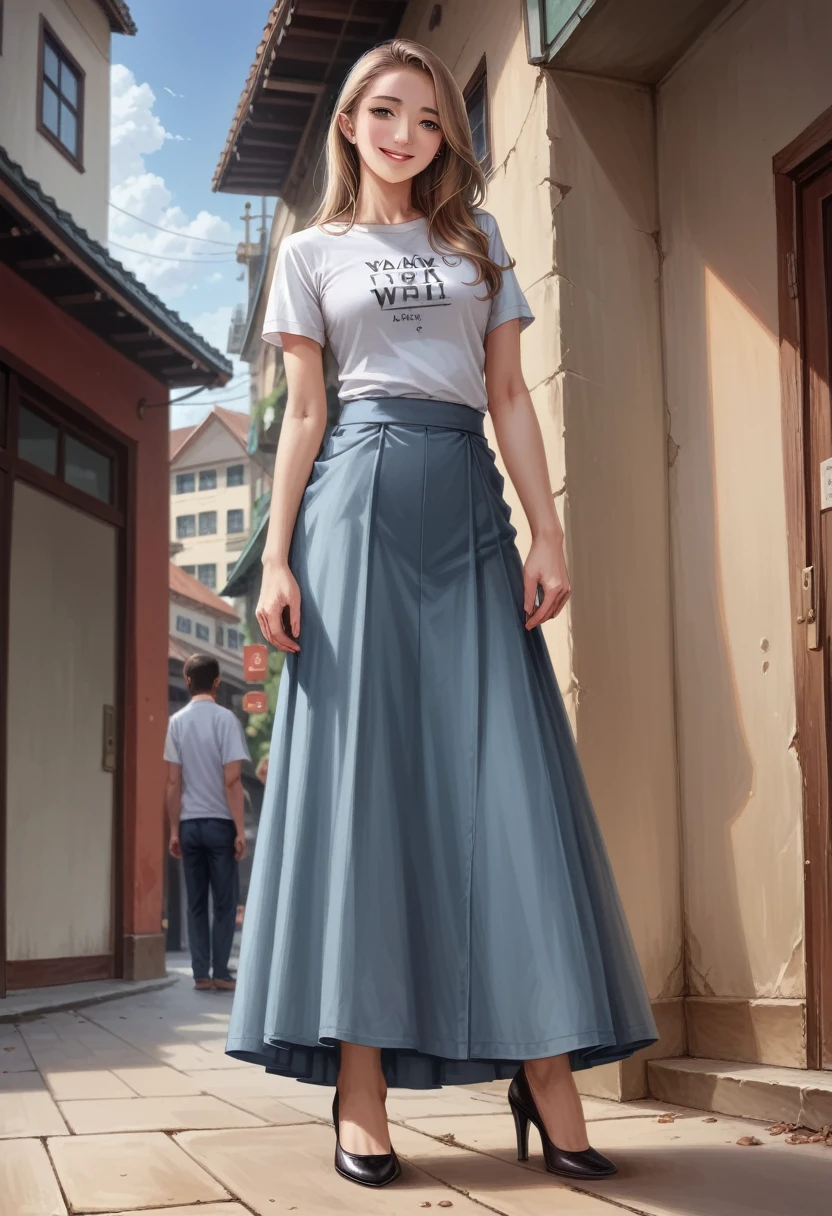 One Japanese woman, Housewife in her 30s、upper body shot、, Detailed face, Captivating smile, Detailed eyes, Thick chest, Smooth Skin, Light brown hair、Straight long hair、Tight white T-shirt, Gray-blue long skirt, Wearing high heels、Looking at the audience, Low angle shot,(8k, RAW Photos, Highest quality, masterpiece: 1.2), (Realistic, Realistic: 1.37), Ultra-high resolution