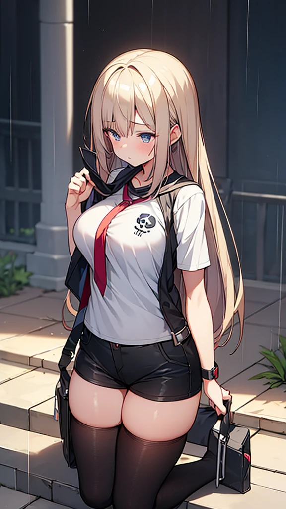 Full body image, front, One girl, 18-year-old, Mix 4, (32K, RAW Photos, Highest quality, masterpiece:1.2), (Anime-like, photoAnime-like:1.37), cute, Short sleeve T-shirt,Shorts,Black knee socks, night, rain, Humidity, Professional Lighting, Photon Mapping, Radio City, Physically Based Rendering, Super Resolution, (Big Breasts:1.2), {{The biological weapon that had preyed on the younger sister took her place and reunited with the older brother, The rebellious little sister has become the obedient little sister}}, Girl Skull, whole body, NSFW