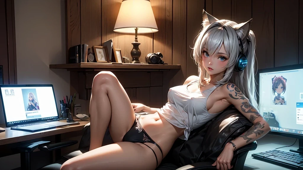 Create a high-quality, detailed image of a beautiful, anime gamer girl with tattoos and long silver hair, and small cat ears, sitting at her gaming PC in her gaming room. She is wearing a see through tank top, barely showing her nipples, and panties, showing her midriff, highlighting her stunning curves. The warm, inviting scene includes soft ambient lighting, comfortable seating, The setting is illuminated by a small lamp, creating a serene and intimate atmosphere