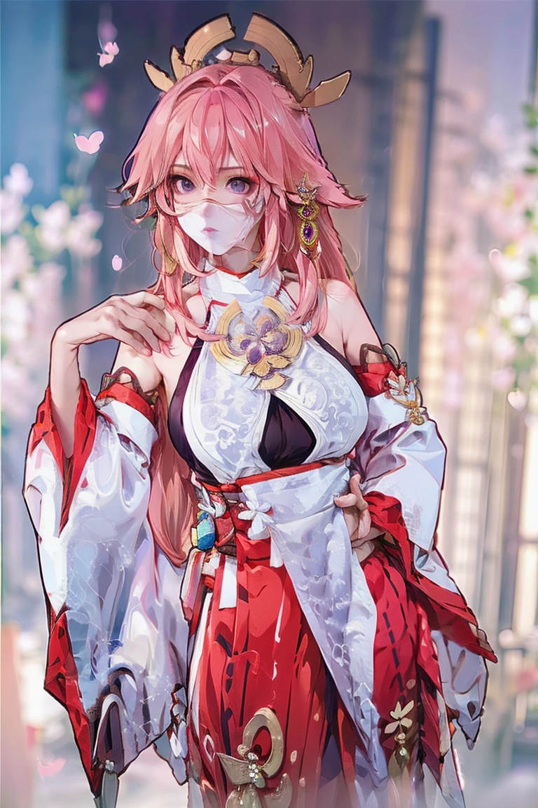 (Extreme Detail CG Unity 8K wallpaper, masterpiece, highest quality), (ulzzang-6500-v1.1:0.4) 1girl, kpop idol, yae miko, detached sleeves, pink hair, long hair, best quality, (photorealistic:1.2), (hair ornament:1.35), jewelry, fox ears, wearing face veil, (miansha, white face veil, silk mask veil:1.2), purple eyes, earrings, (very huge round breasts, big breasts: 1.2), torii, cherry blossoms, lantern light, depth of field, detailed face, face focus, (looking at viewer:1.25), shiny skin, long sleeves, cowboy shot, dynamic pose, (bending forward, Show the armpits, sexypose:1.3), game cg, thigh highs, east asian architecture, blurry background, full body, elegant posture, focused expression, outdoor shrine setting, fantasy style,