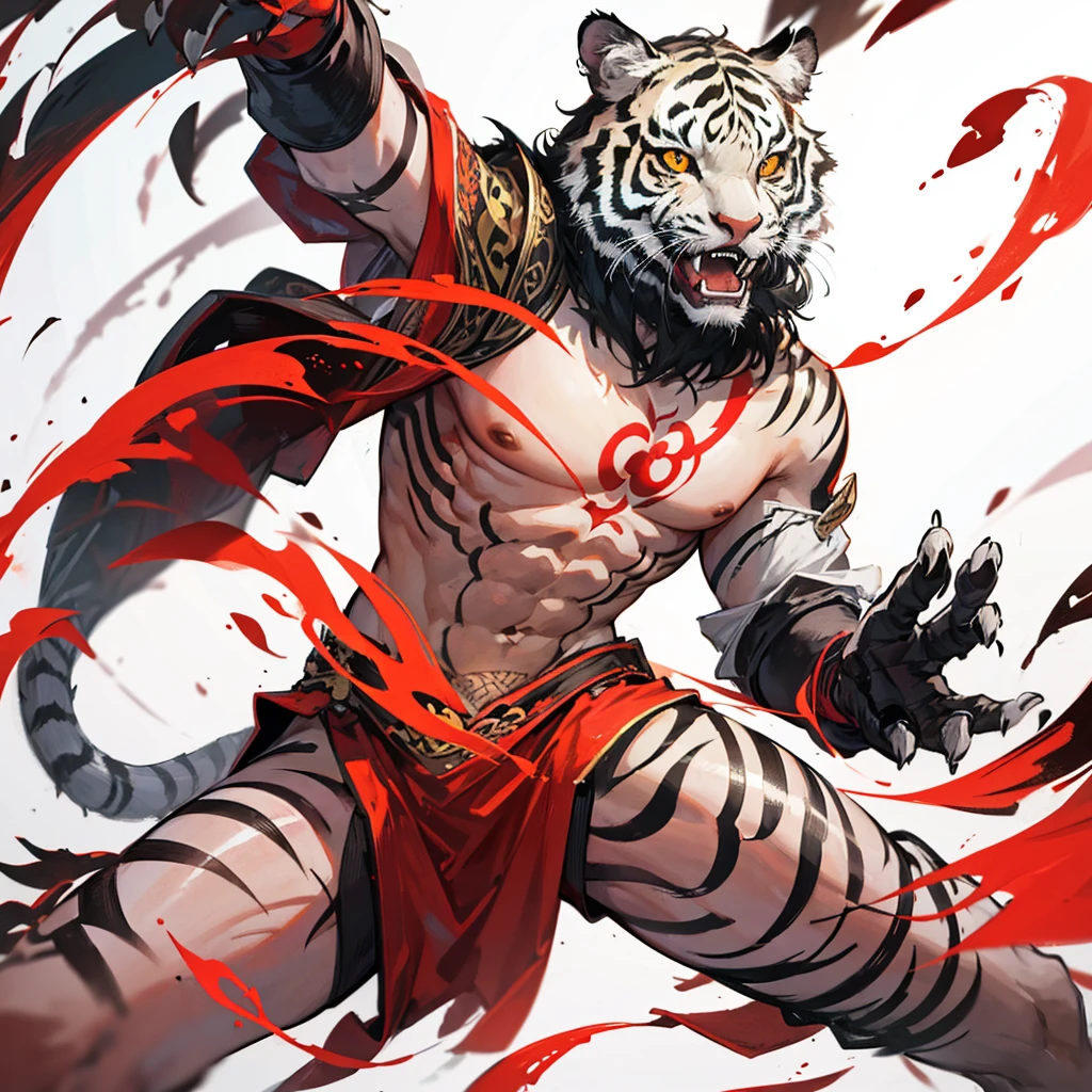white background, adult bengal tiger, leaves, vertical pose, tattoo style, mad face with fangs showing, simple, Chinese oriental tattoo style, minimalist style, lines