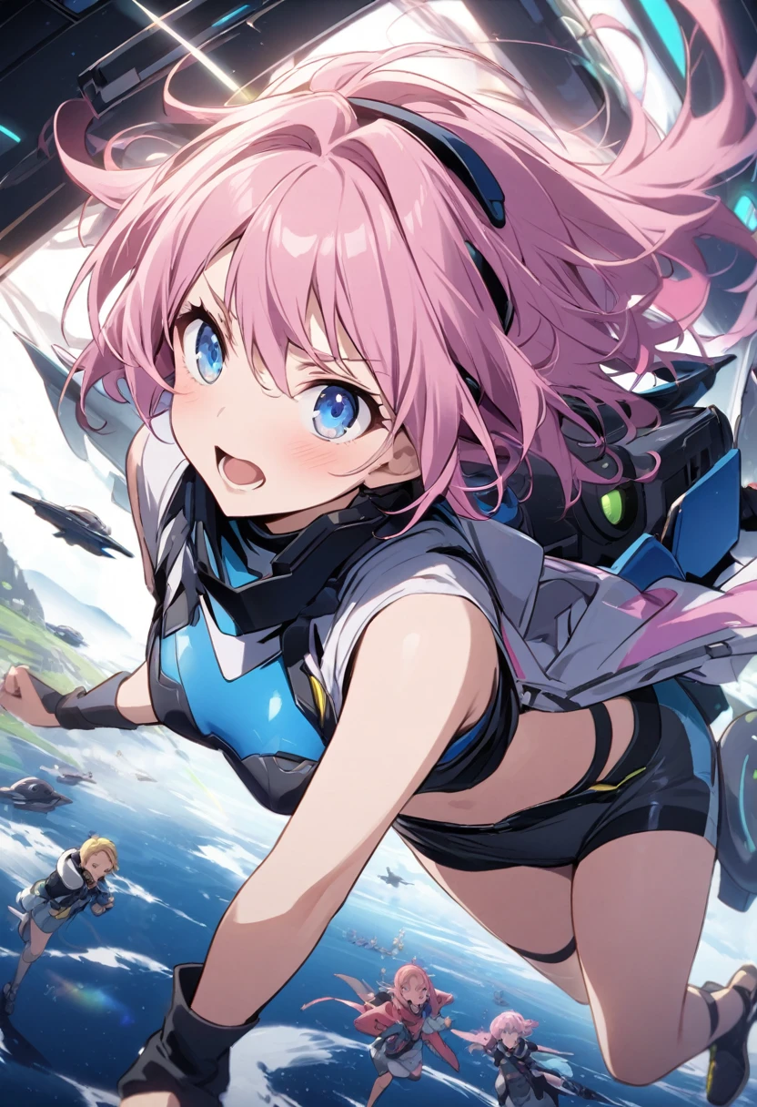 Spaceships galore、people々Run away、Girl with pink hair、blue eyes