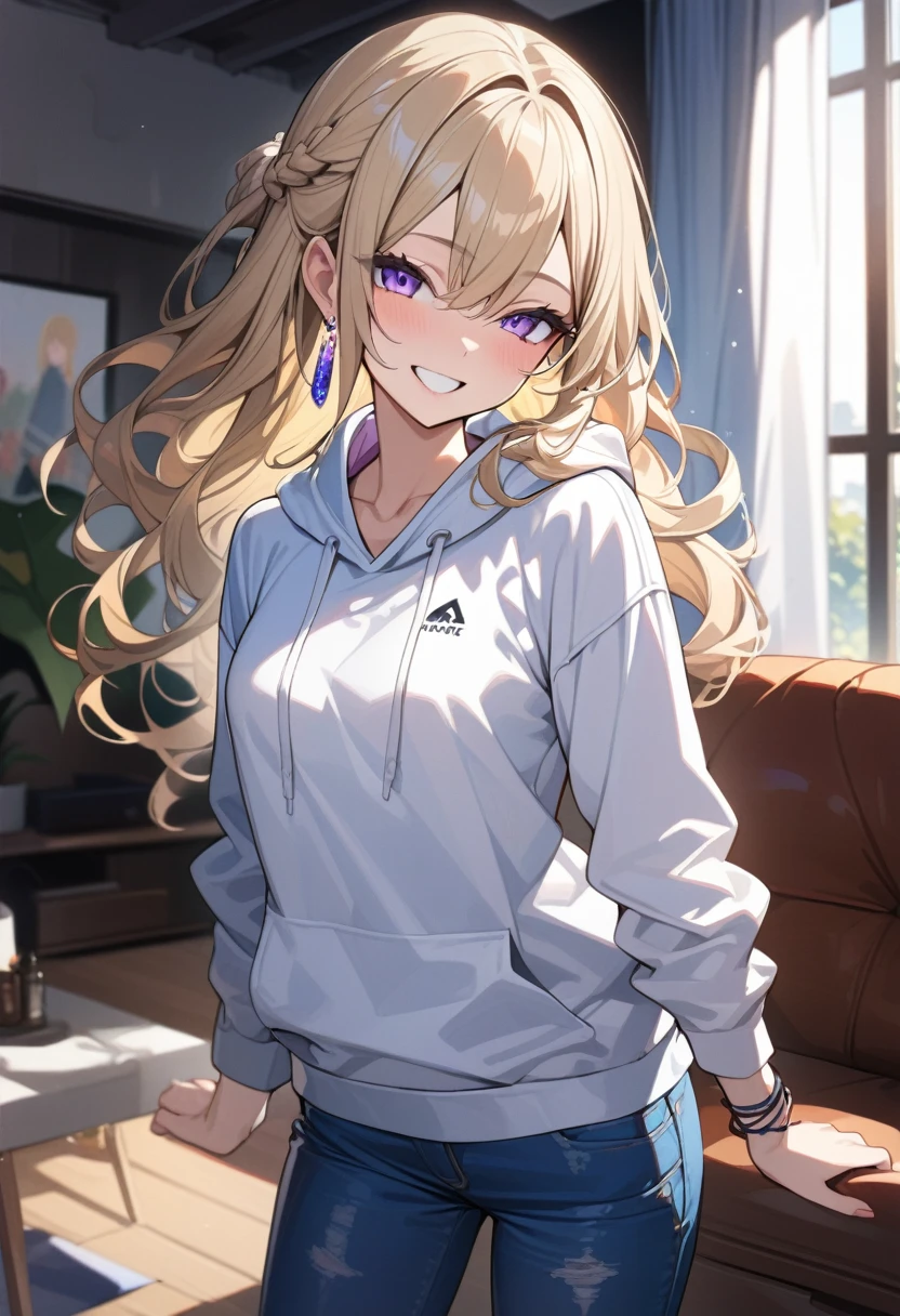 masterpiece, best quality, extremely detailed, ultra detailed, flat anime, 2D,
1girl, (young adult:1.2),blonde hair, (semi-long hair:1.2), curly hair, french braid, medium breasts, purple eyes, tsurime, height 1.7meters,
white hooded sweatshirt, jeans, earring,bracelet, long sleeves,socks,
open mouth,grin,
upper body, portrait, (dynamic:1.2),
summer, livingroom, 12AM., standing