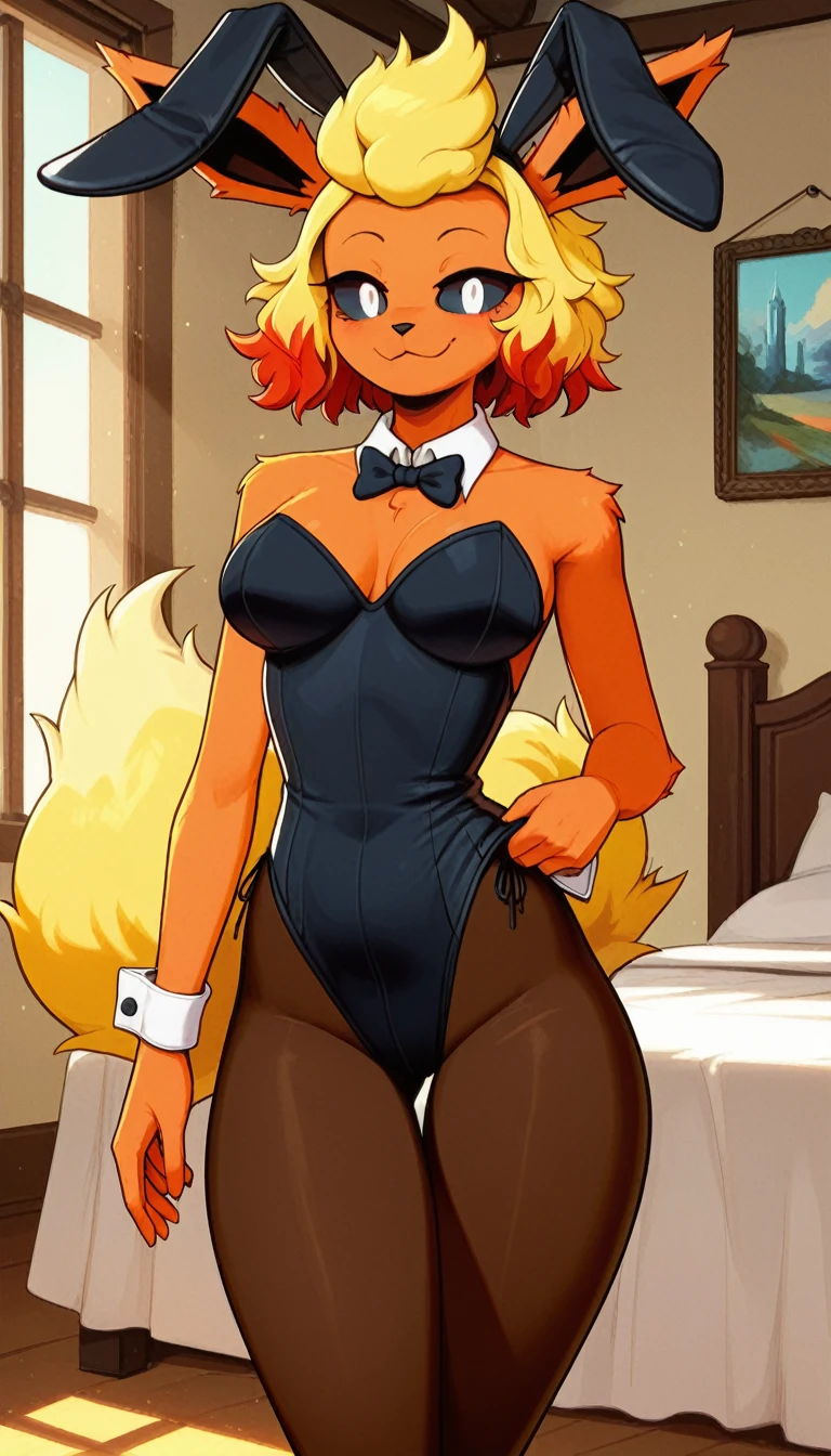 Excited expression, 1girl, anthro, furry, fur, fluffy fur, flareon girl, yellow hair (red highlights), black sclera, white eyes, short hair, Messy hair, (19 years), medium breast, thicc thighs, solo, (bedroom, mansion), sunset, detailed, smug smile, (playboy bunny suit), pantyhose, score_9, score_8_up, score_7_up, score_6_up, score_5_up, score_4_up