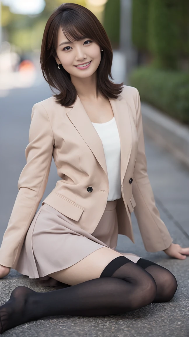 masutepiece, Best Quality, Photorealsitic, finely detail, hight resolution,beautiful japanese woman,beautiful detailed eyes, beautiful detailed lips, extremely detailed face, small head, small areola, cinematic lighting, photorealistic, 8k, high quality, hyper detailed, look at me,smile,(suit:1.2),(nude jacket),(mini skirt),(random location),(medium breasts:1.2),(inoueseika),slender,beautifull legs,(sexy posing:1.2), (bokeh:1.3), (black over-the-knee socks:1.2),