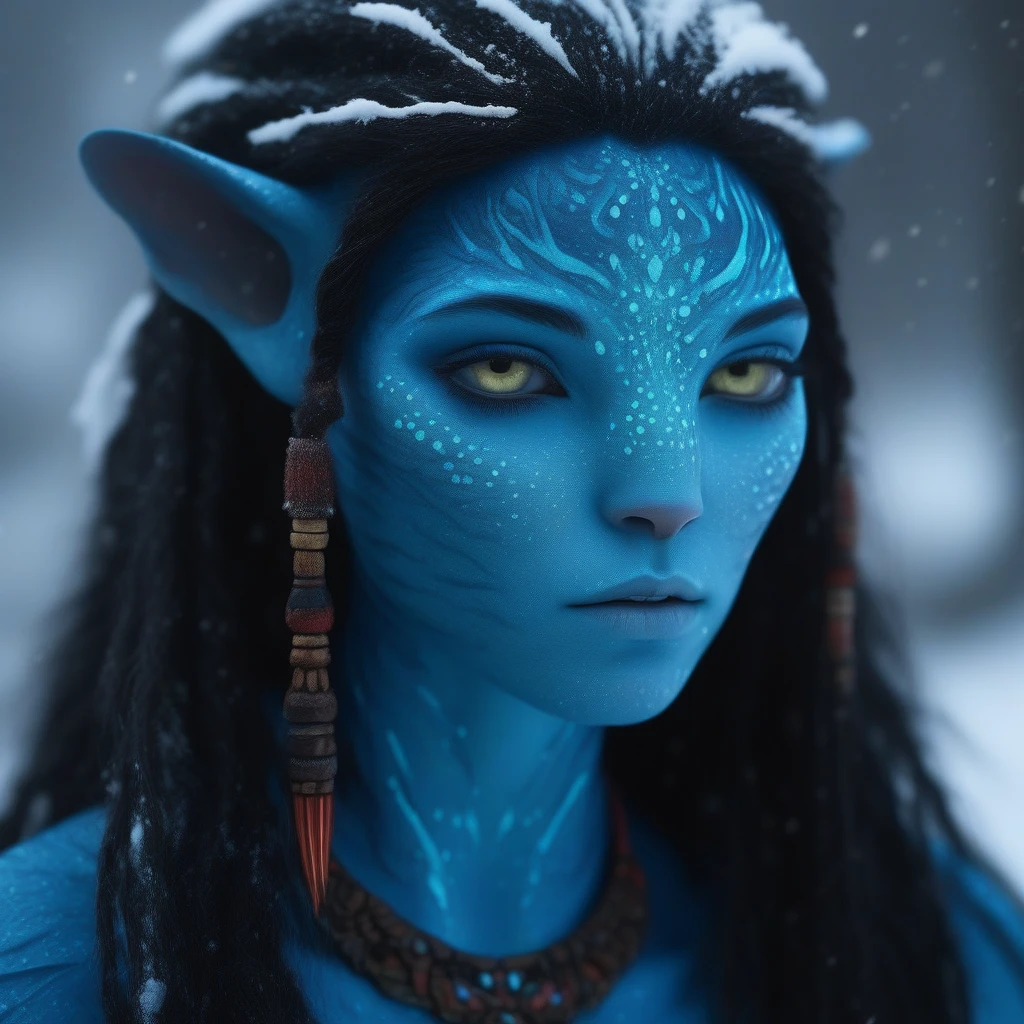 (face portrait), na'vi, female, (purple eyes), ((big detailed alien eyes)), ((eyebrowless)),  (light blue skin tone), (wavy hair), dutchbraids, ((black hair color)), ((long hair)), (young adult), 18 years old, face wrinkles, ((wearing tribal winter clothing)), (wearing tribal acessories), detailed eyes, spots all over skin, toned body, muscled body, vibrant colors, ethereal atmosphere, surrealistic dreamy lighting, textured skin, otherworldly beauty, mesmerizing photography, (best quality, highres), vivid colors, ultrarealistic, skin details, sfw, face close-up, ultradetailed body, (white skin), dark background, snowy forest background, (furry ears)