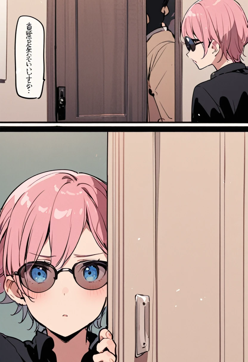 A man dressed in black and wearing sunglasses knocks on the door.、Pink haired girl hiding in a room、blue eyes