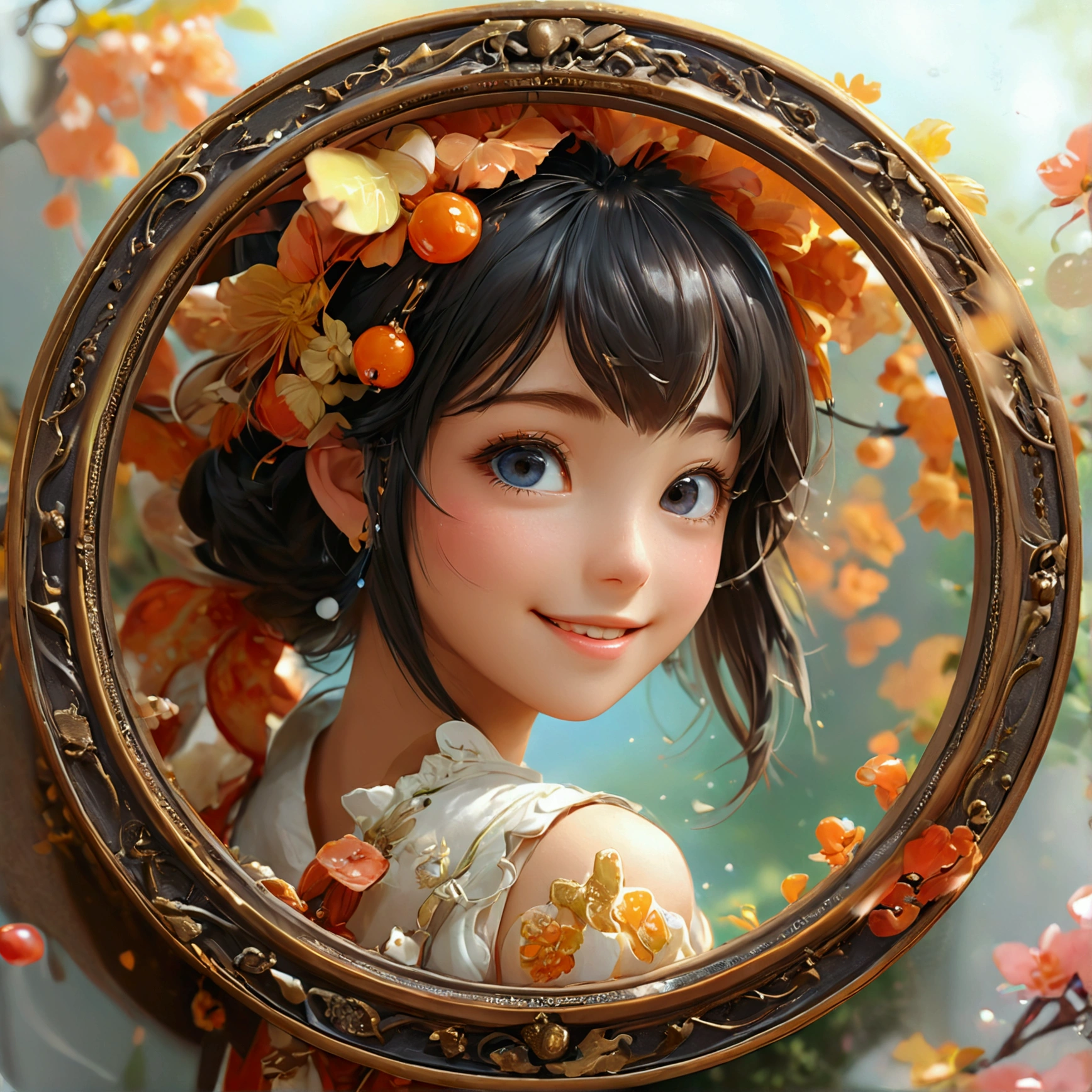 Cute anime characters in round frame、Realistic expression、Photorealistic、Anime Style、high quality、High resolution、Cheerful characters、Retouching、A scene from everyday life、Fantasy Background、Smiling character in frame