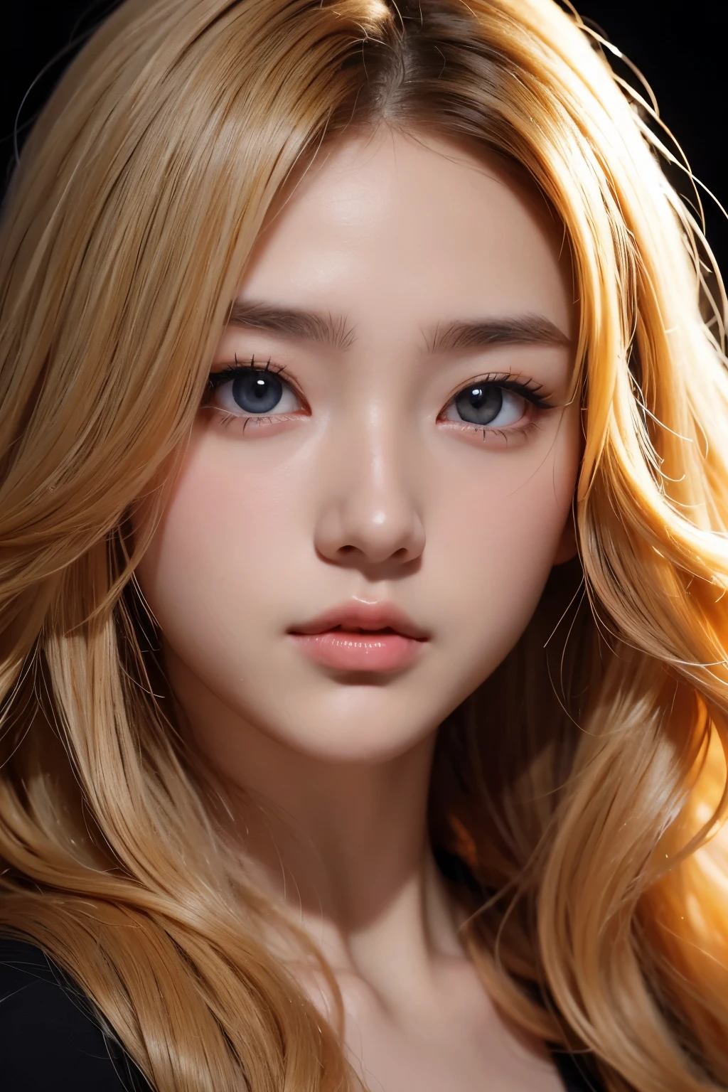 Anime, Face, Curly blonde hair, Black eyes, Long hair, Black background, facial close-up、masterpiece、top-quality、ultra-definition、hight resolution