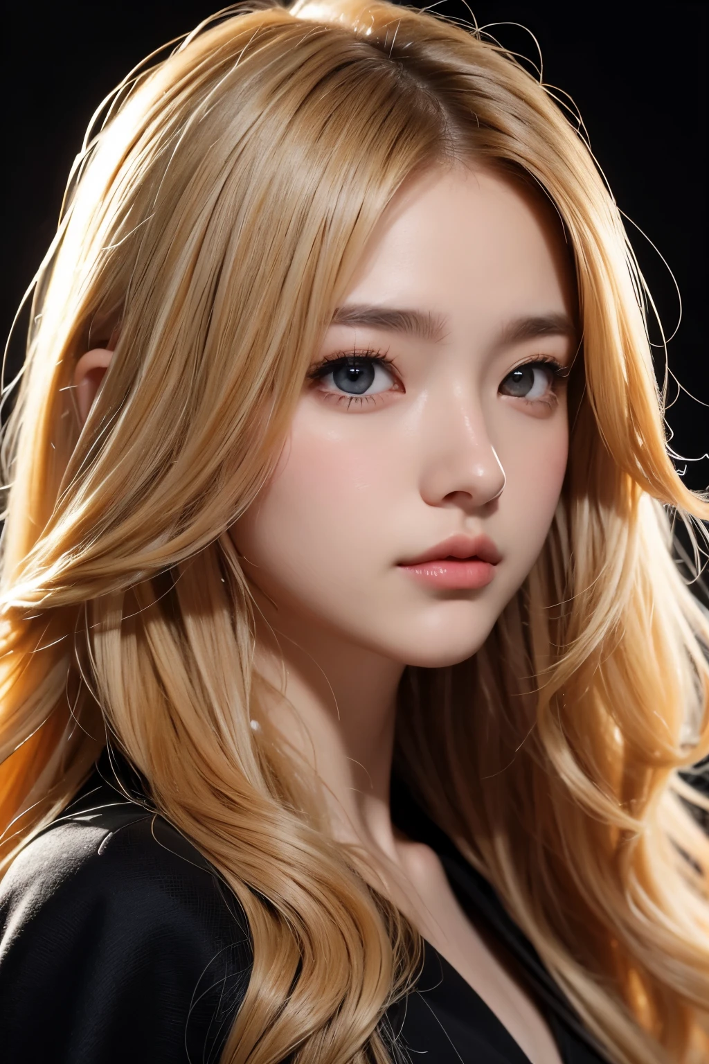 Anime, Face, Curly blonde hair, Black eyes, Long hair, Black background, facial close-up、masterpiece、top-quality、ultra-definition、hight resolution