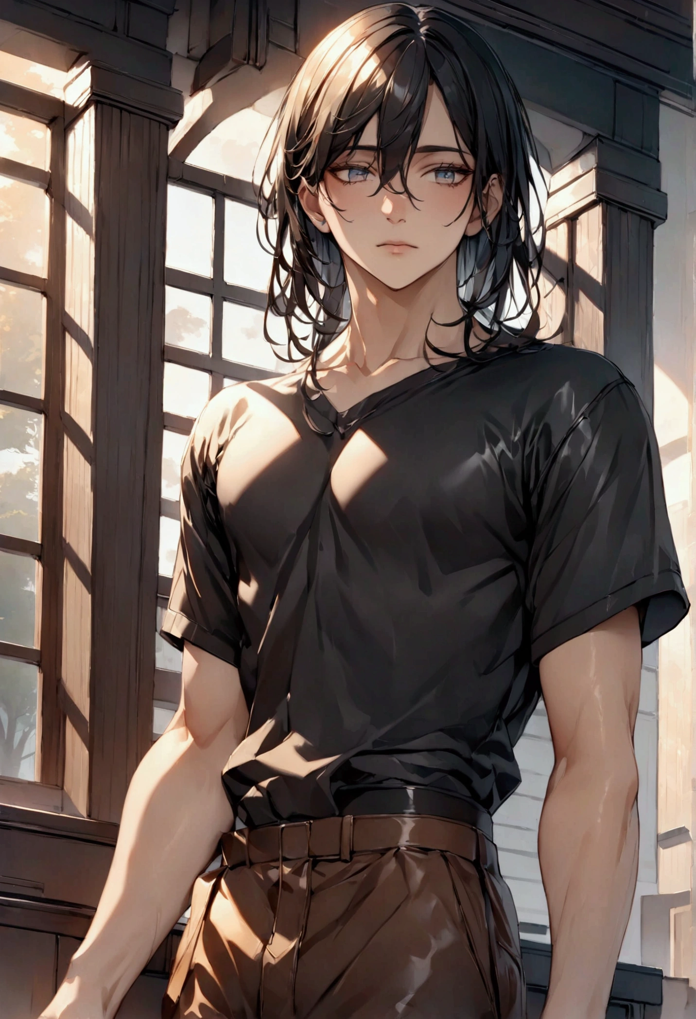"black hair, Surrealism, 8k, super detail, UHD, masterpiece, accurate, anatomically correct, textured skin, super detail, high details, high quality, award winning, best quality, highres
A boy standing in a nighttime setting. He exudes a quiet and alluring aura, with a look of boredom and weariness in his eyes. His expression is languid and detached, giving off an air of disinterest in everything around him. He is wearing a black shirt."