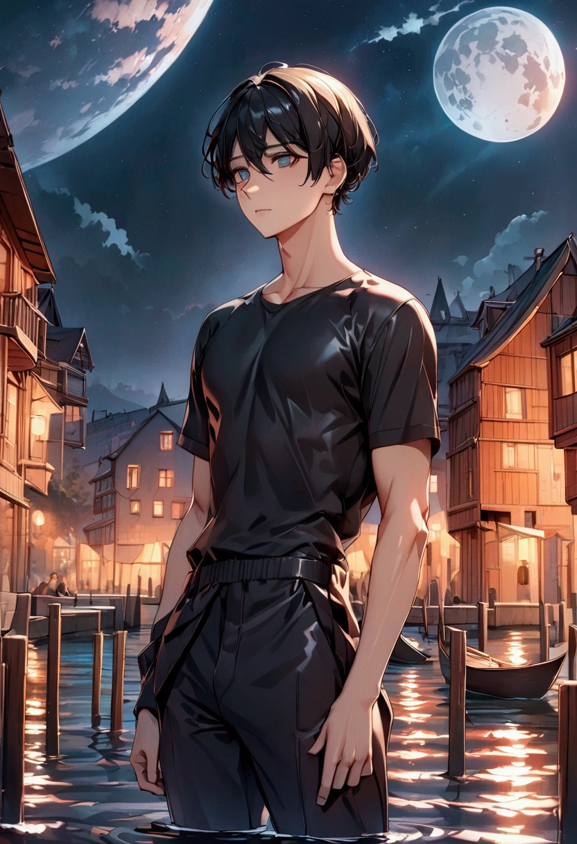 "black hair, Surrealism, 8k, super detail, UHD, masterpiece, accurate, anatomically correct, textured skin, super detail, high details, high quality, award winning, best quality, highres
A boy standing in a nighttime setting. He exudes a quiet and alluring aura, with a look of boredom and weariness in his eyes. His expression is languid and detached, giving off an air of disinterest in everything around him. He is wearing a black shirt."
