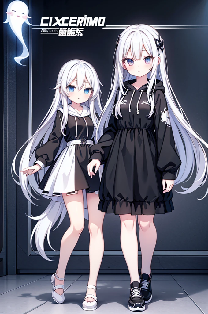 Anime-style image of a woman with white hair and black clothing, Cute 3D anime girl render, Cute anime waifu in a nice dress, Anime VTuber Full Body Model, Anime girl in a hoodie, Highly detailed characters, Official character art,exorcist,ghost,Hunter,sweets