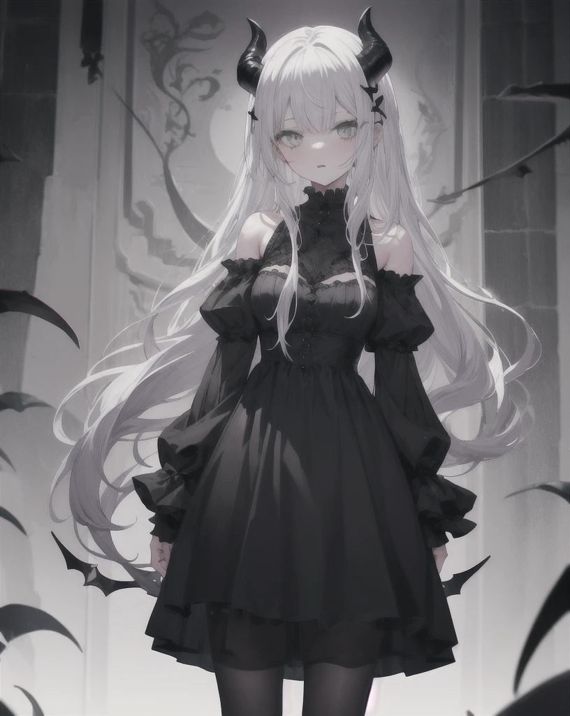 One girl,alone,grim aloe,Devil horns, black_dress,Are standing,Cowboy Shot,  Devil&#39;s Wings, albino,Wicked Smile, Mischievous face, Hands on hips, ojou-sama pose,  latex,Bad face,,,two hands,Two legs,five fingers,evil background,elbow gloves,latex, Wicked Smile, devilish aura (Shiny fabric:1.5),Evil Darkness,Sadistic smile,Black knee socks