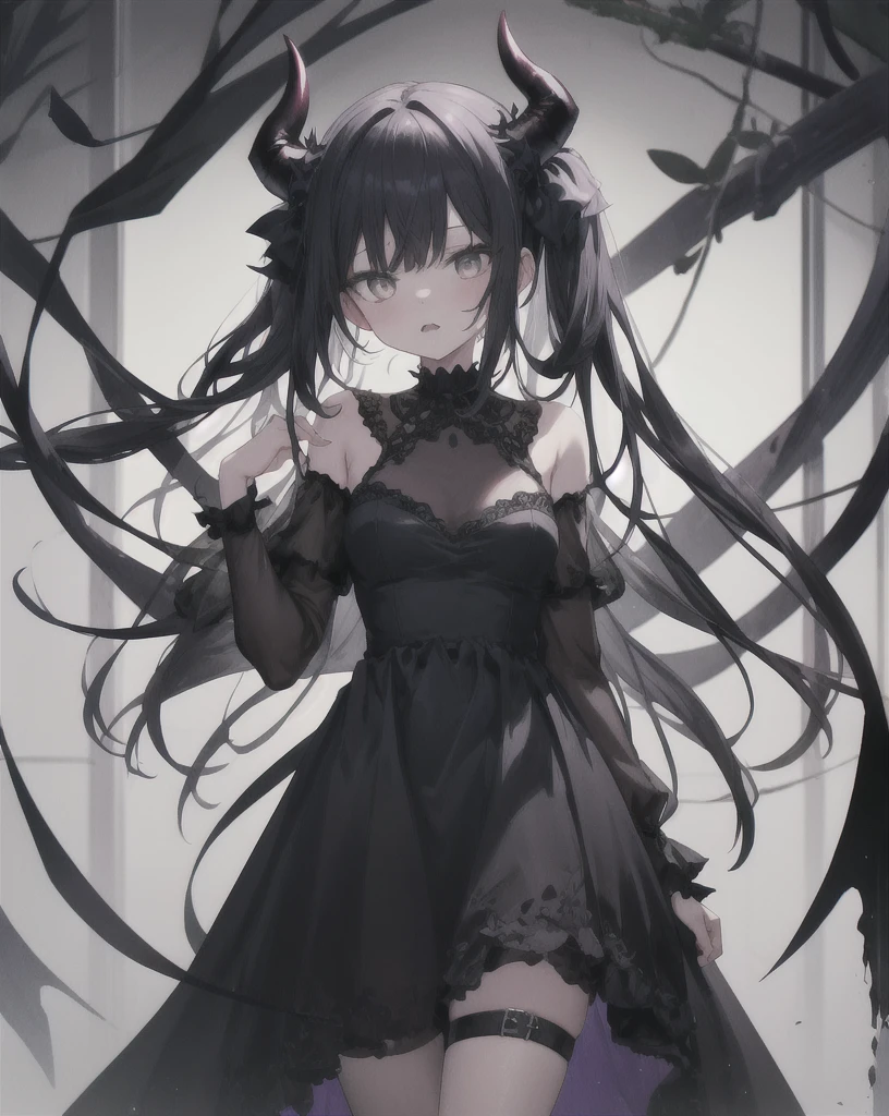 One girl,alone,grim aloe,Devil horns, black_dress,Are standing,Cowboy Shot,  Devil&#39;s Wings, albino,Wicked Smile, Mischievous face, Hands on hips, ojou-sama pose,  latex,Bad face,,,two hands,Two legs,five fingers,evil background,elbow gloves,latex, Wicked Smile, devilish aura (Shiny fabric:1.5),Evil Darkness,Sadistic smile,Black knee socks