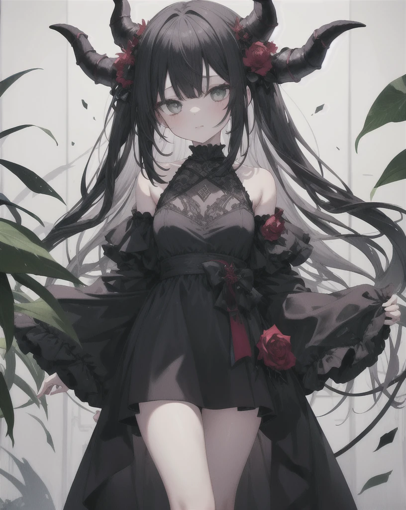 One girl,alone,grim aloe,Devil horns, black_dress,Are standing,Cowboy Shot,  Devil&#39;s Wings, albino,Wicked Smile, Mischievous face, Hands on hips, ojou-sama pose,  latex,Bad face,,,two hands,Two legs,five fingers,evil background,elbow gloves,latex, Wicked Smile, devilish aura (Shiny fabric:1.5),Evil Darkness,Sadistic smile,Black knee socks