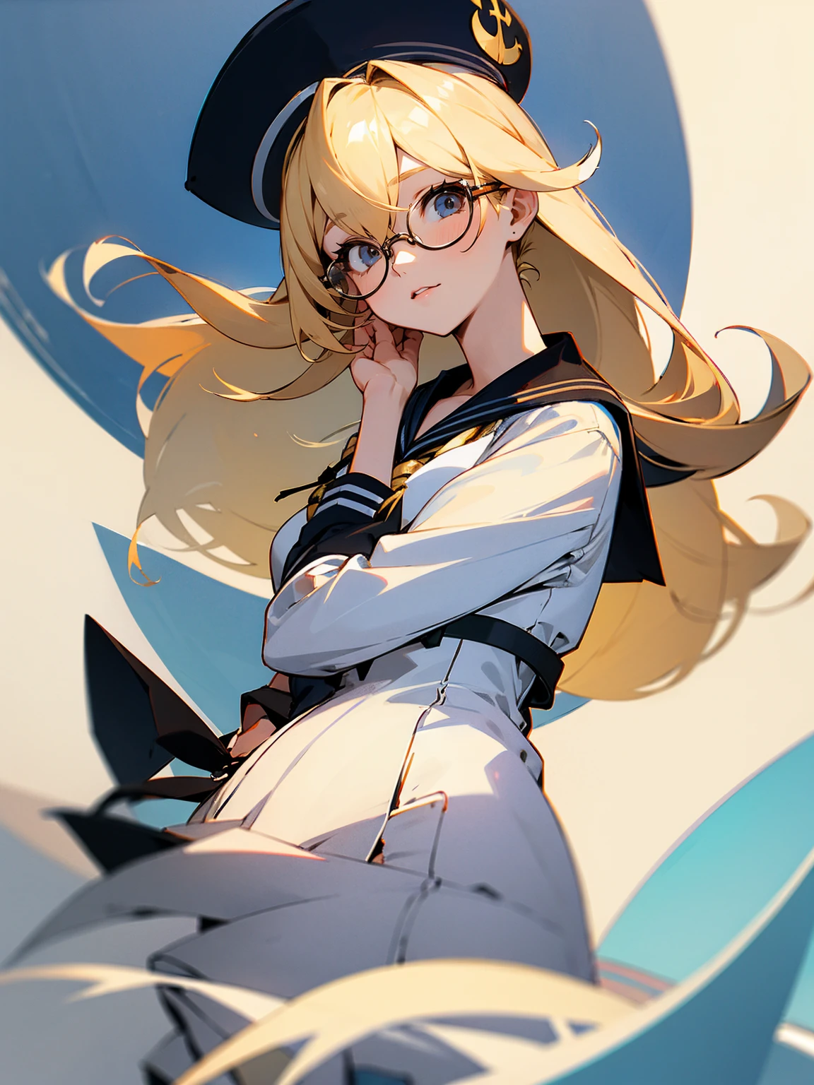 1female, blonde hair, glasses, grey eys, sailor outfit, class