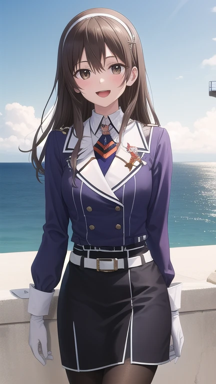 ((masterpiece)),(best quality),official art,extremely detailed CG,unity 8k wallpaper,ultra detailed,A lighthouse on a cliff by the sea,1girl,solo,cowboy shot,long_hair,brown_hair,purple_jacket,pencil_skirt,black_skirt,white_pantyhose,white_gloves,wavy_hair,brown_eyes,white_hairband,long_sleeves,smile,belt,looking_at_viewer,military_uniform,open_mouth,