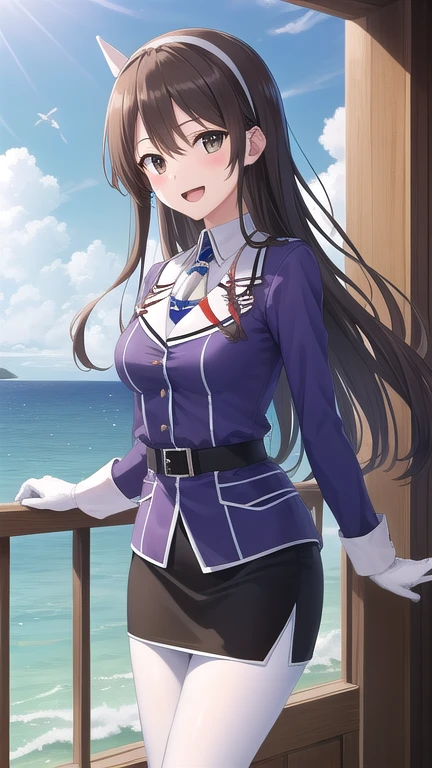 ((masterpiece)),(best quality),official art,extremely detailed CG,unity 8k wallpaper,ultra detailed,A lighthouse on a cliff by the sea,1girl,solo,cowboy shot,long_hair,brown_hair,purple_jacket,pencil_skirt,black_skirt,white_pantyhose,white_gloves,wavy_hair,brown_eyes,white_hairband,long_sleeves,smile,belt,looking_at_viewer,military_uniform,open_mouth,