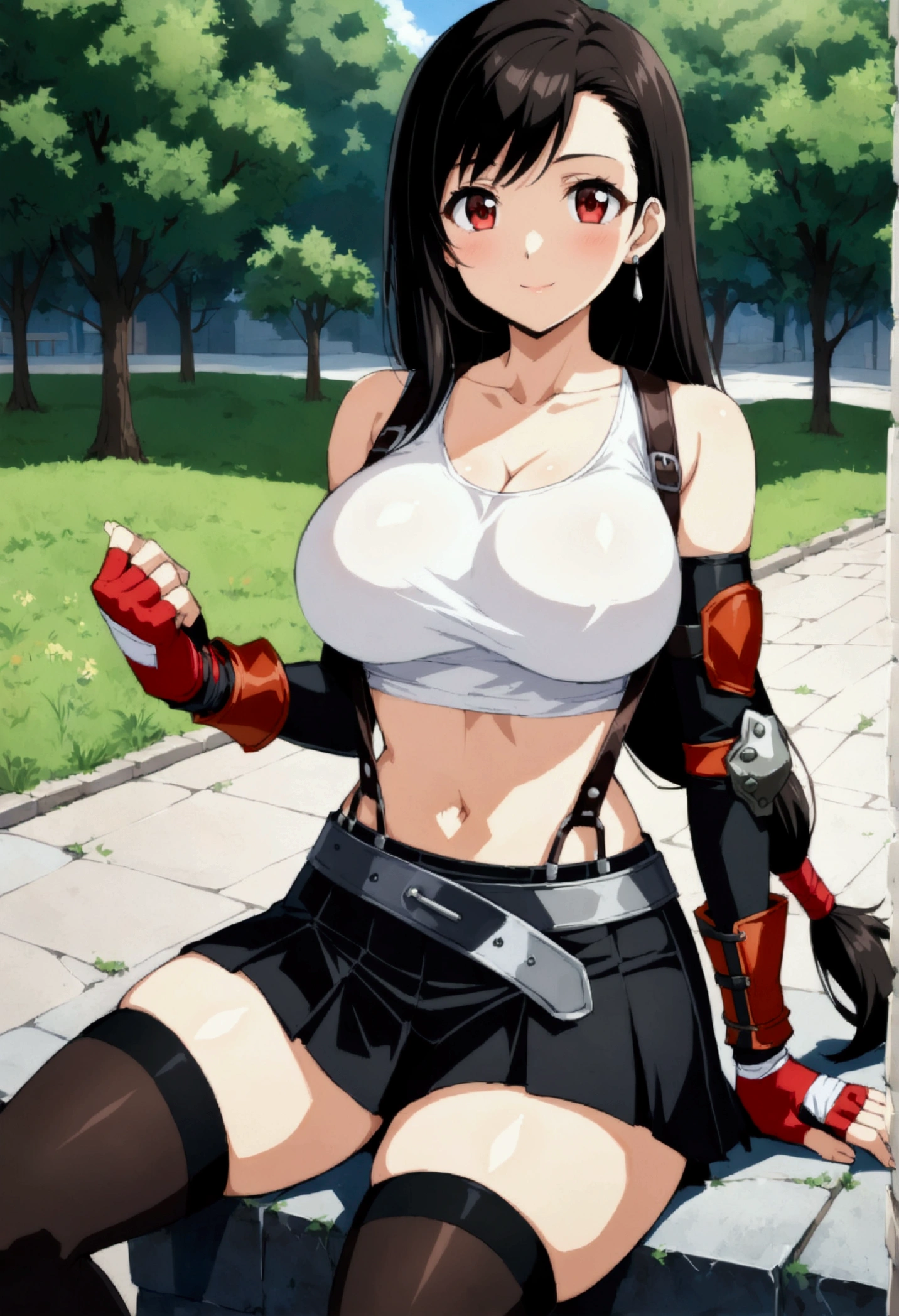 score_9, score_8_up, score_7_up,(anime style:1.2) , front_view,(breast focus),sitting,straight-on,leg apart,,perfect composition,(mediumshot:1),looking_at_viewer ,1girl, tifa lockhart, final fantasy,(beautiful woman:1.2).make up, tareme,black hair, low-tied long hair, red eyes, bangs, white tank top,(short tank top:1.2), belt, pleated skirt, thighhighs, elbow fingerless gloves, elbow pads, midriff, navel,suspender skirt.zettai ryouiki ,(large_breasts:1.2),light smile,,slender_waist ,Solo,,(daytime and outdoors),(masterpeace),(best quality),(aesthetic,very aesthetic),(highly detailed),hdr,