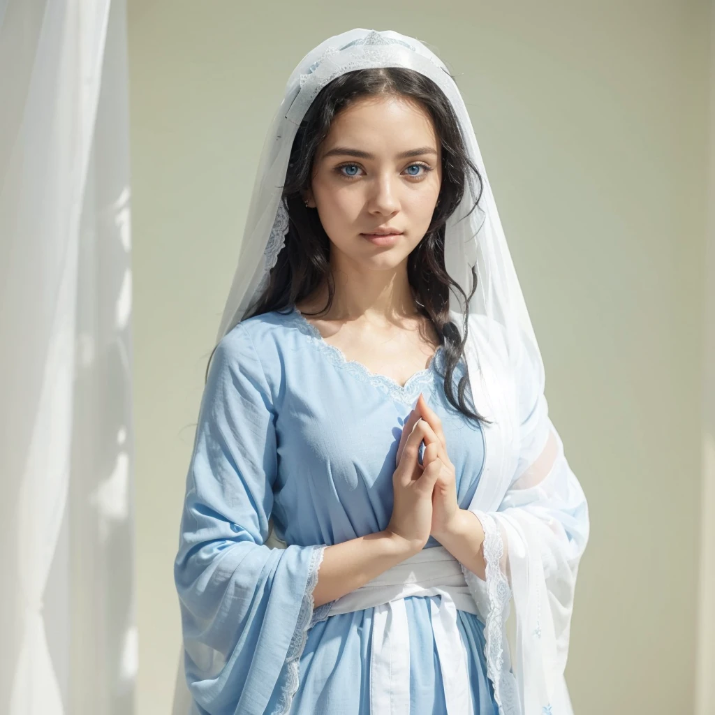 Beautiful woman with light blue eyes, curly black hair, wearing a blue tunic with wide, long sleeves adjusted at the waist by a white sash. Wear a thick white veil.