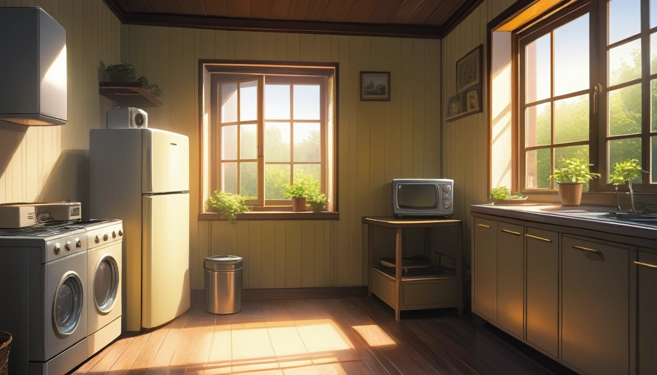 inside a warm and non-modern house, all the home appliances are old but clean, it's day time and a god ray is coming inside the house through window.
