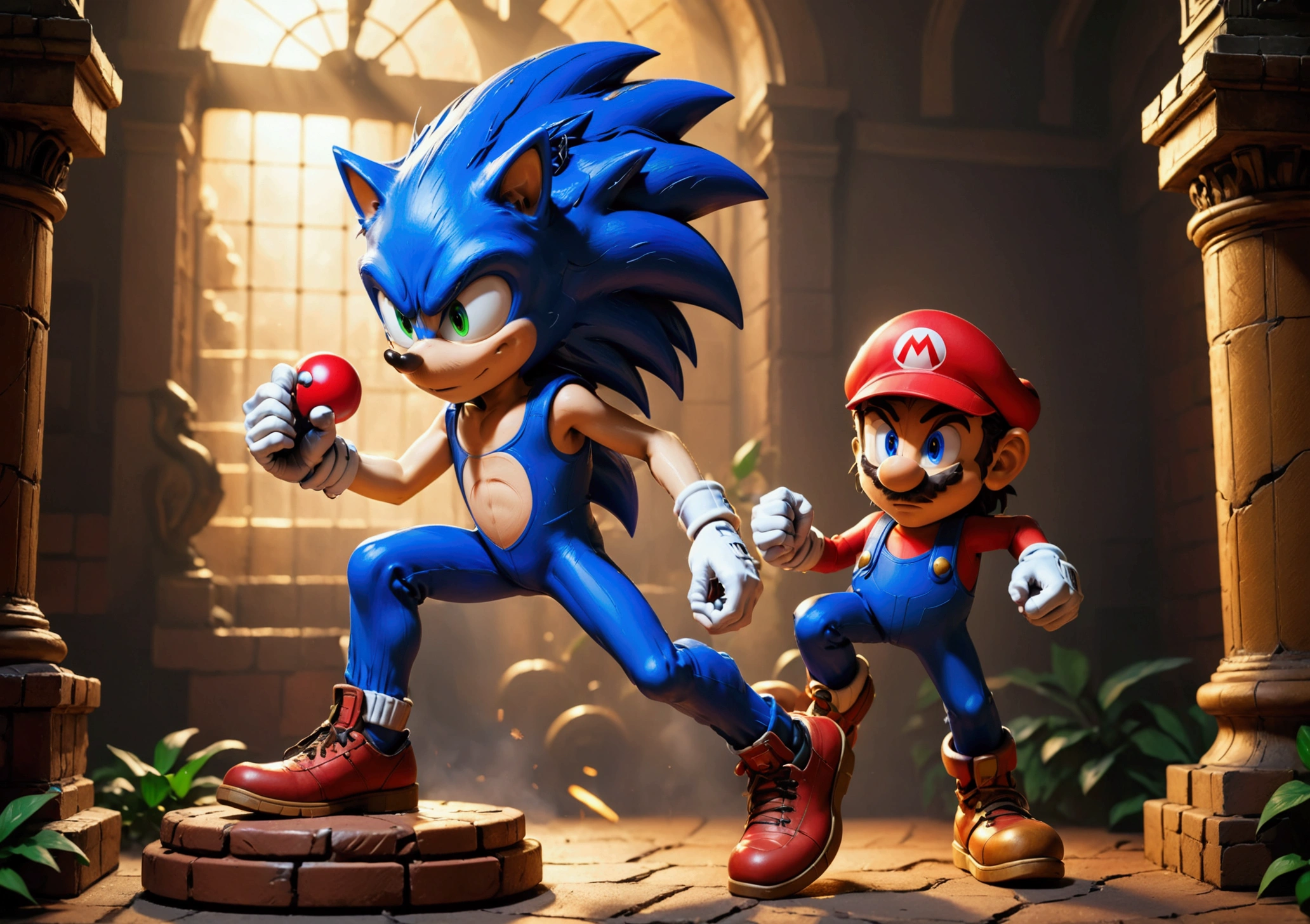 a sonic the hedgehog statue fighting with mario, highly detailed, 8k, photorealistic, dynamic action pose, dramatic lighting, epic fantasy, vibrant colors, cinematic composition
