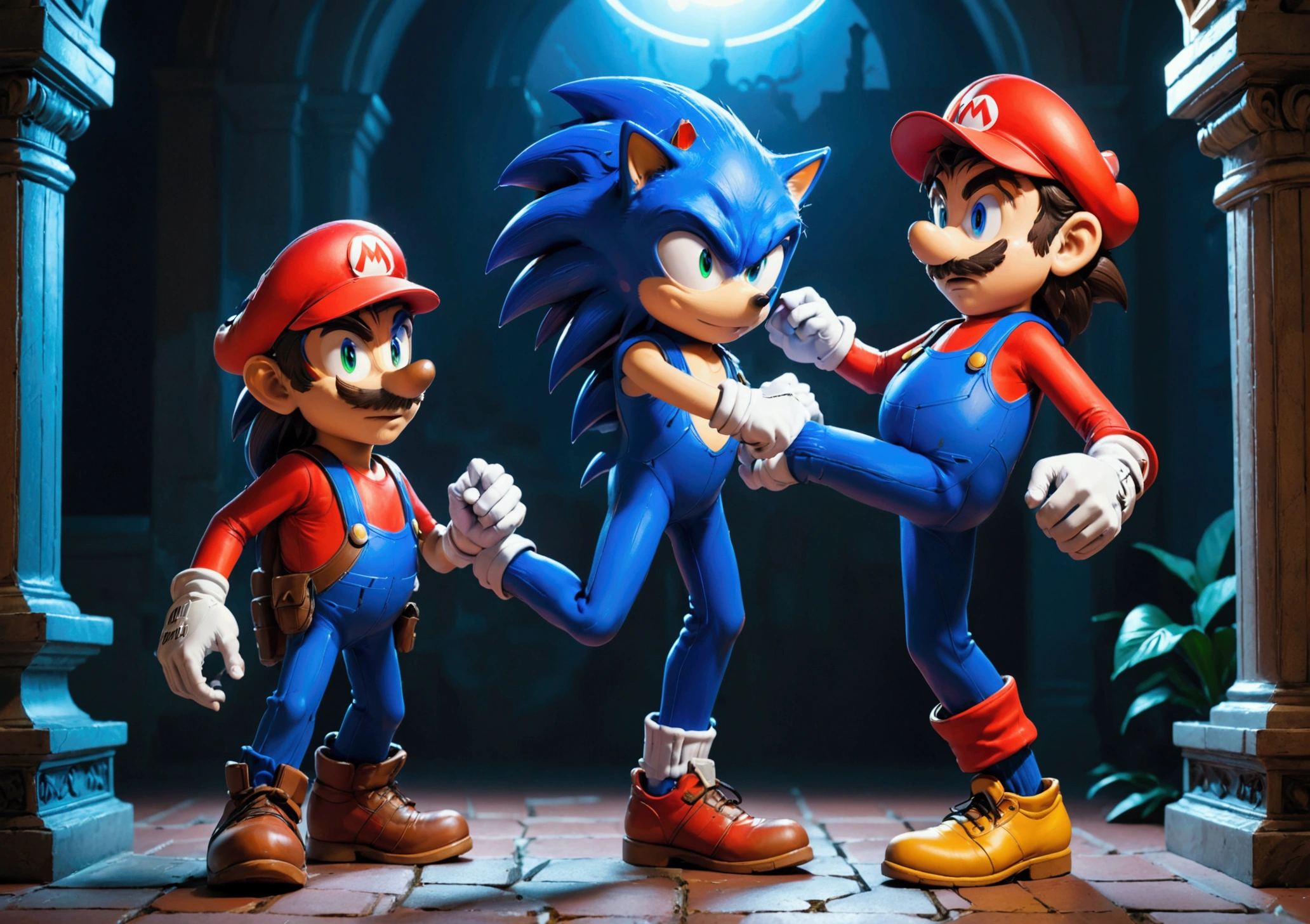 a sonic the hedgehog statue fighting with mario, highly detailed, 8k, photorealistic, dynamic action pose, dramatic lighting, epic fantasy, vibrant colors, cinematic composition