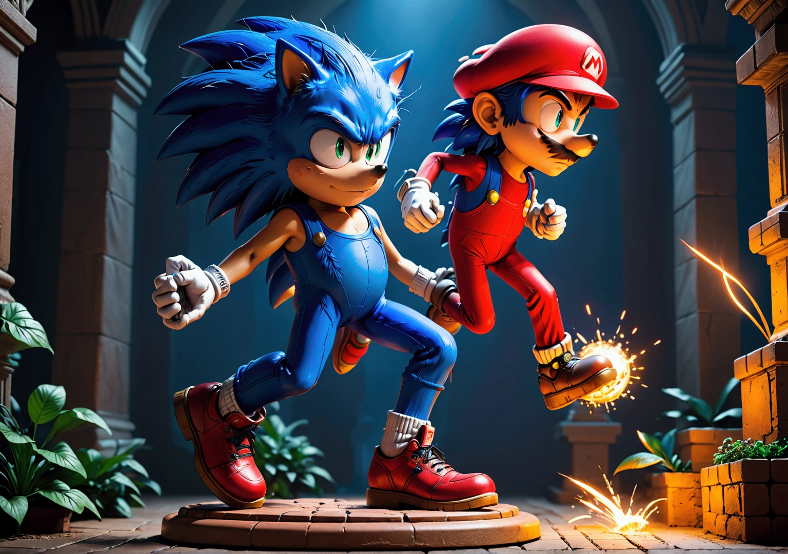 a sonic the hedgehog statue fighting with mario, highly detailed, 8k, photorealistic, dynamic action pose, dramatic lighting, epic fantasy, vibrant colors, cinematic composition