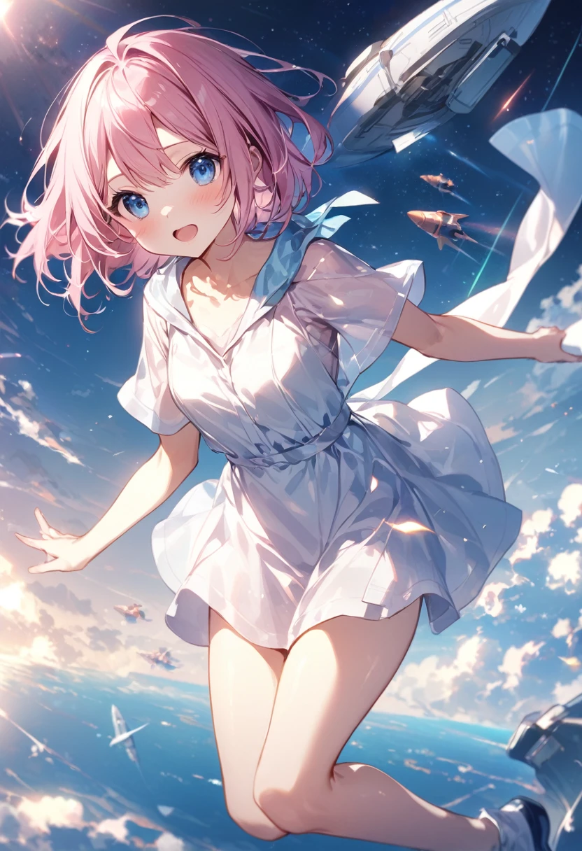 There are lots of spaceships in the sky、people々Run away、Girl with pink hair、blue eyes