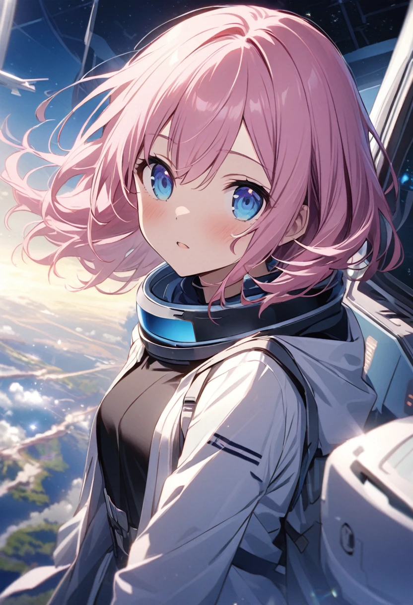 There are lots of spaceships in the sky、people々Run away、Girl with pink hair、blue eyes