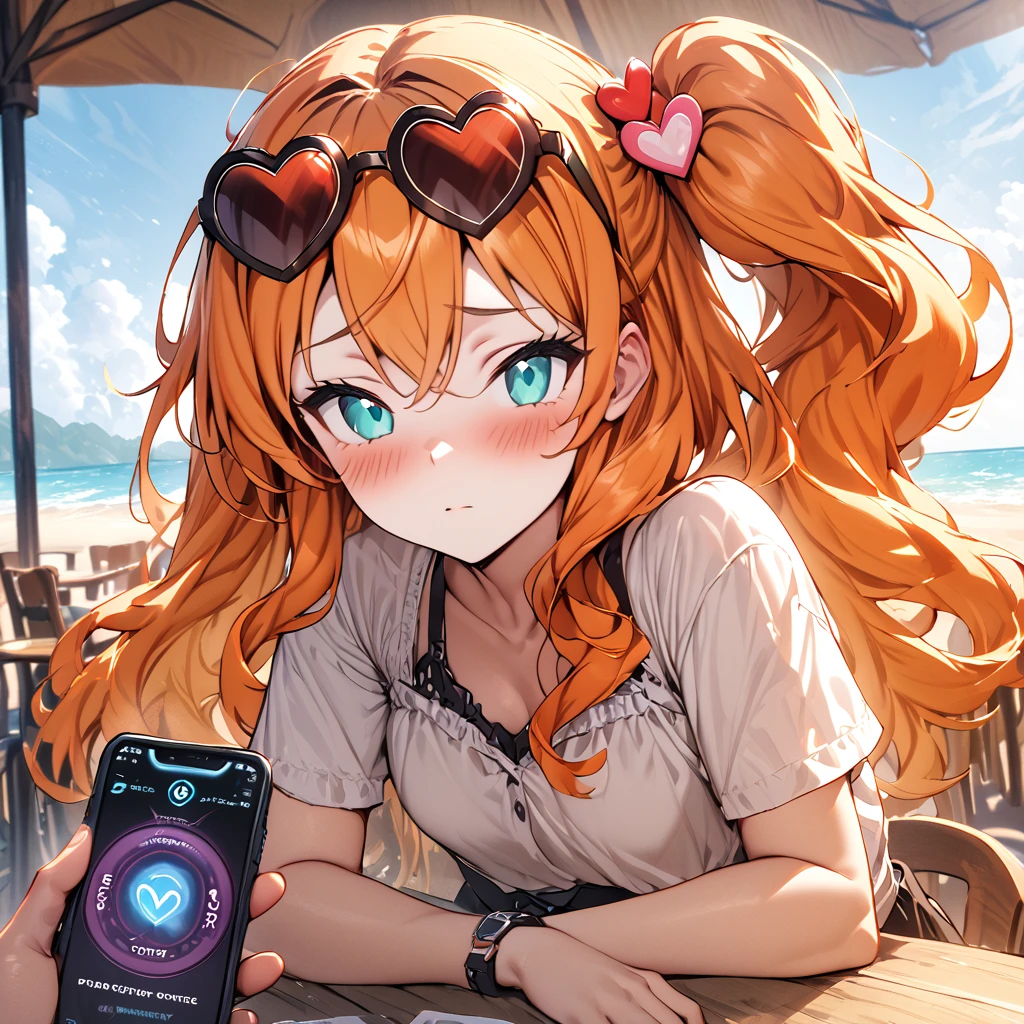 (masterpiece), best quality, expressive eyes, perfect face,1girl,EPpkSonia,orange hair, side ponytail, aqua eyes, long hair, eyewear on head, sunglasses, heart hair ornament,beach cafe,soft shadows,mind control,hypnosis app,blank eyes,blush,expressionless