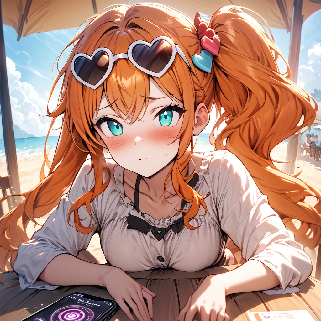 (masterpiece), best quality, expressive eyes, perfect face,1girl,EPpkSonia,orange hair, side ponytail, aqua eyes, long hair, eyewear on head, sunglasses, heart hair ornament,beach cafe,soft shadows,mind control,hypnosis app,blank eyes,blush,expressionless