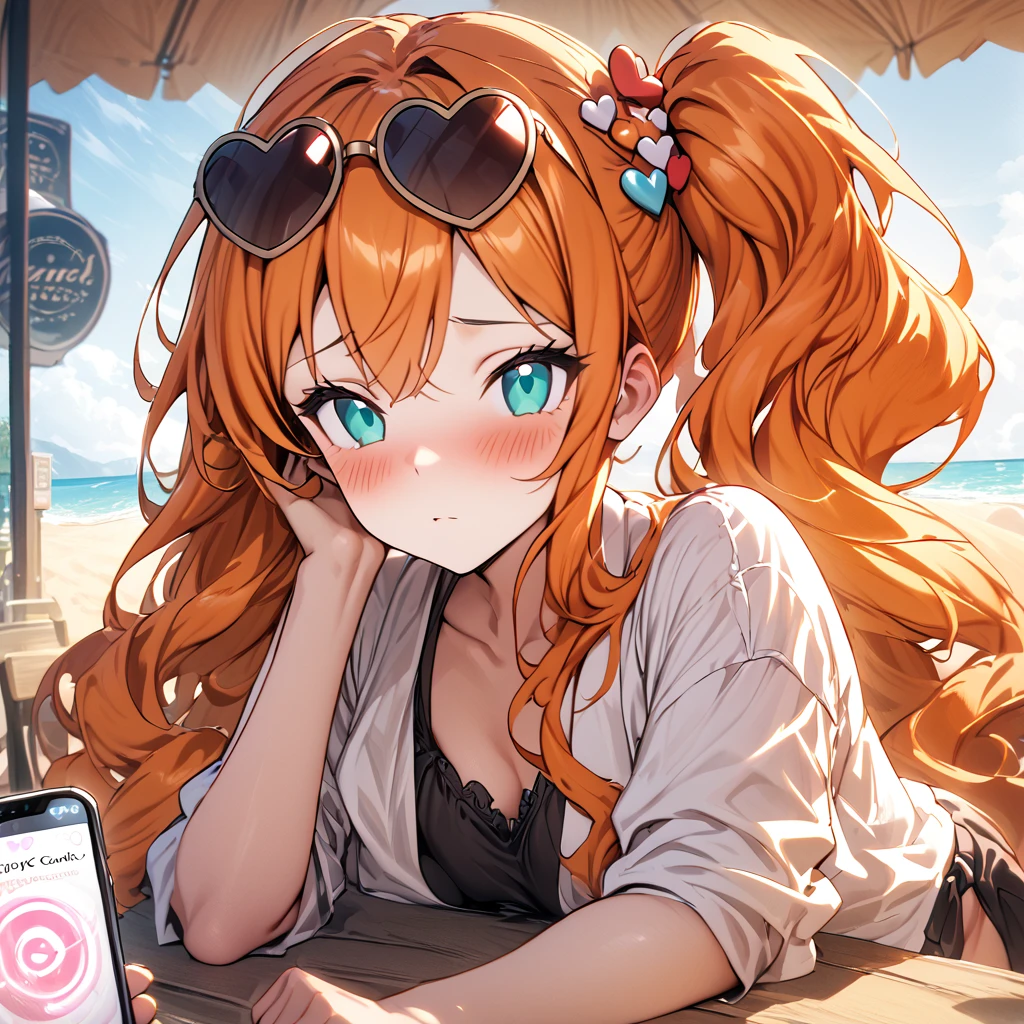 (masterpiece), best quality, expressive eyes, perfect face,1girl,EPpkSonia,orange hair, side ponytail, aqua eyes, long hair, eyewear on head, sunglasses, heart hair ornament,beach cafe,soft shadows,mind control,hypnosis app,blank eyes,blush,expressionless