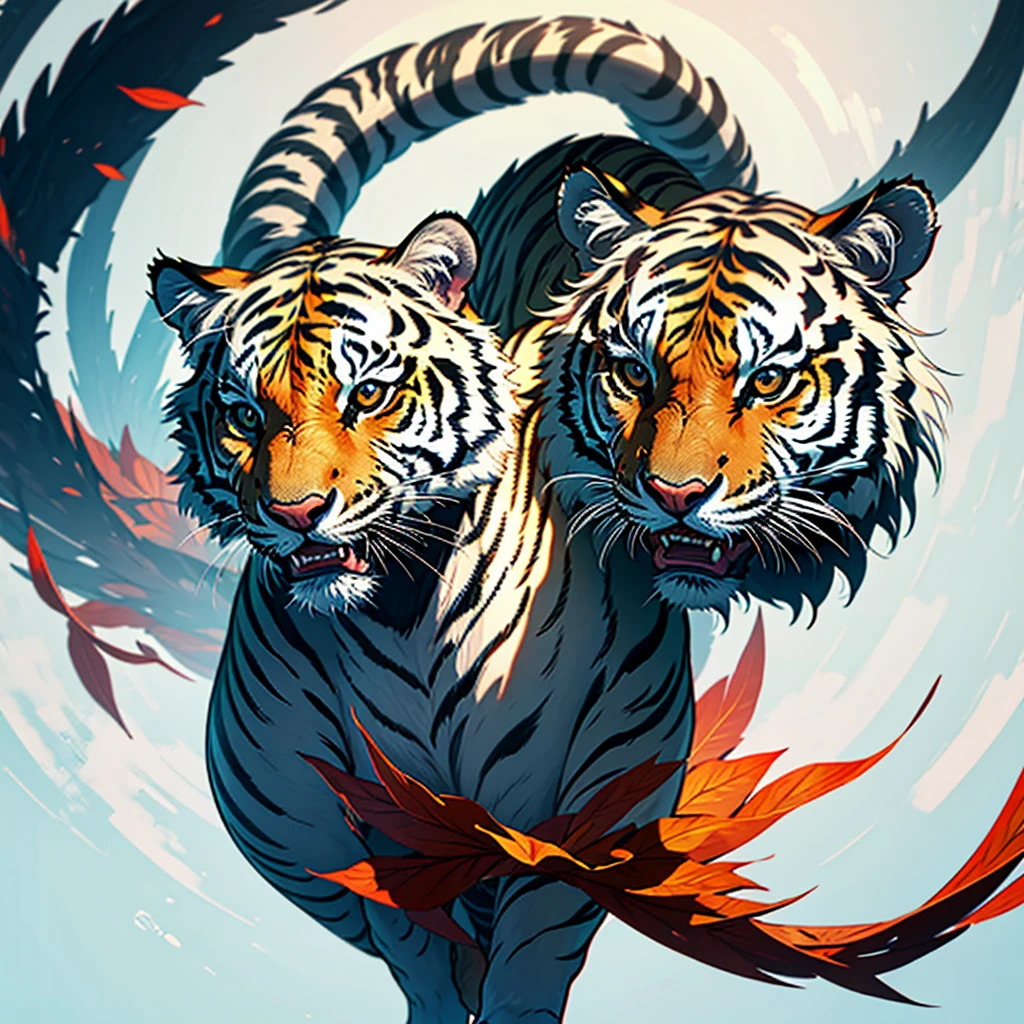 white background, bengal tiger animal, leaves, vertical pose, tattoo style, mad face with fangs showing, simple, Chinese oriental tattoo style, minimalist style, lines