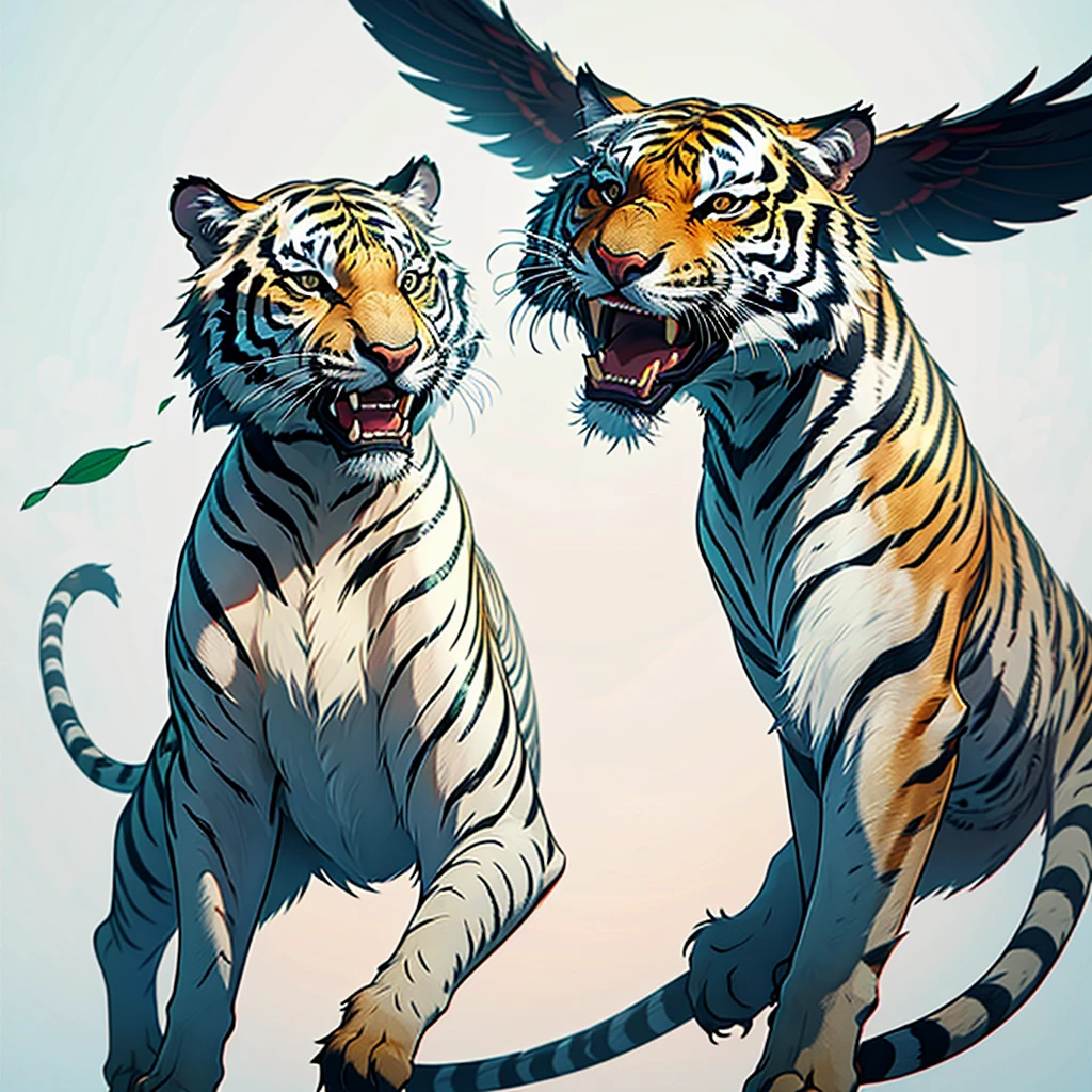 white background, bengal tiger animal, leaves, vertical pose, tattoo style, mad face with fangs showing, simple, Chinese oriental tattoo style, minimalist style, lines